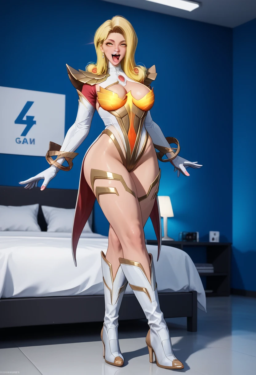 martial artist,nsfw,pointing nipple,(realistic:1.5),photorealistic, octane render,hyperrealistic,taken upfront, (voluptuous body build),thick thighs,wide hips,standing, gold metal heels,(armor heels:1.6),red qipao,gold ornament qipao,short qipao,(skindentation:1.3),(photorealistic back:1.2),(1girl:1.4),necklace,(medium breasts:1.6),thick ass,long legs,(ponytail:1.1),blonde hair,ponytail hair,arm hidden,choker,(red dress:1.5),best quality, indoors,comfy,cosy,bedroom,beautiful room, nsfw,nude back,streaked hair,hair ornament,looking at window,sharp focus,(8k), (4k),long hair, (Masterpiece), (Best Quality), fantasy, extremely detailed, intricate, hyper detailed, (perfect face), illustration,soft lighting,(specular lighting:1.4),blue eyes,absurdly long hair,