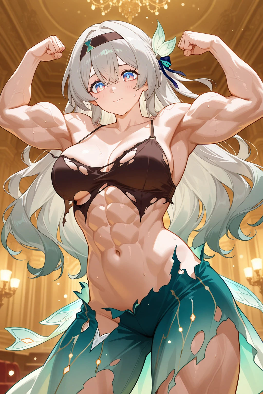 (((1 girl adolescente))), ninym ralei, (Red eyes: 1.5), White hair, (White hair: 1.1), yellow hair ornament, (yellow hair ornament: 1), black bow tie with gold, (blue bracelets, (blue bracelets: 1.2)), white gloves, (blue bikini corto apretado, (((blue bikini: 1.1))), (black thighs, (black thigh stockings)), has, (muscular belly), muscular abs, Wide hips, Thin waist, {{small breasts}}, (((posing sexy))), wearing black heels, (((standing))), {{{Full body photo}}}, happy, open mouth smile, REST looking at the viewer , breaking and entering, old study room, {study room with an antique wooden desk}, interval (masterpiece: 1.2), Best Quality, highest resolution, unity wallpaper 8k, (illustration: 0.8), (beautiful detailed eyes: 1.6), (extremely detailed face), perfect lighting, Extremely detailed CG, Extremely detailed focus, (perfect anatomy), {anatomically correct}, {{perfect hands, (correct hands)}, {perfect and beautiful}.