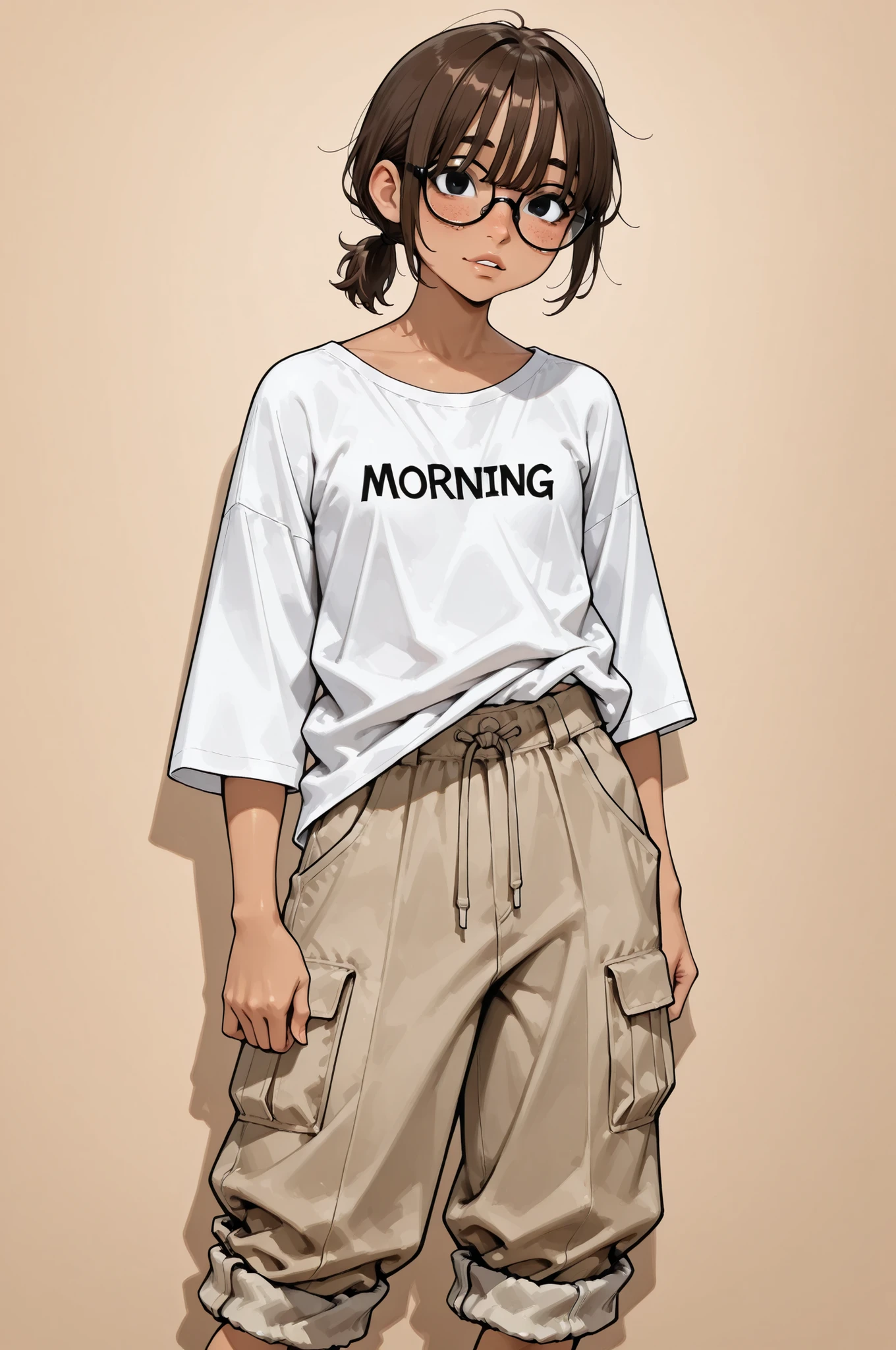 (good morning),
1girl,Super Detailed,absolute resolution,(dynamic angles),(tanned skin:0.3),Japanese girl,(portrait),(pinup),beside viewer,

(white loose T-shirt),((wide pant)),cargo pants,(pants rolled up:1.5)
detailed and beautiful face and eyes,black eyes,(Freckles:0.7),(Thick lips:0.3),[[chapped lips]],,(Thick eyebrows:0.5),(round nose:0.5), black-framed eyewear,((Thick-rimmed eyewear)),
flat chest,brown hair,low ponytail,short ponytail,choppy bangs,hair over both eyes,(messy hair:0.7),  
(blush:0.7),(nose blush:0.7),(smile:0.6),(parted lips:0.6),


