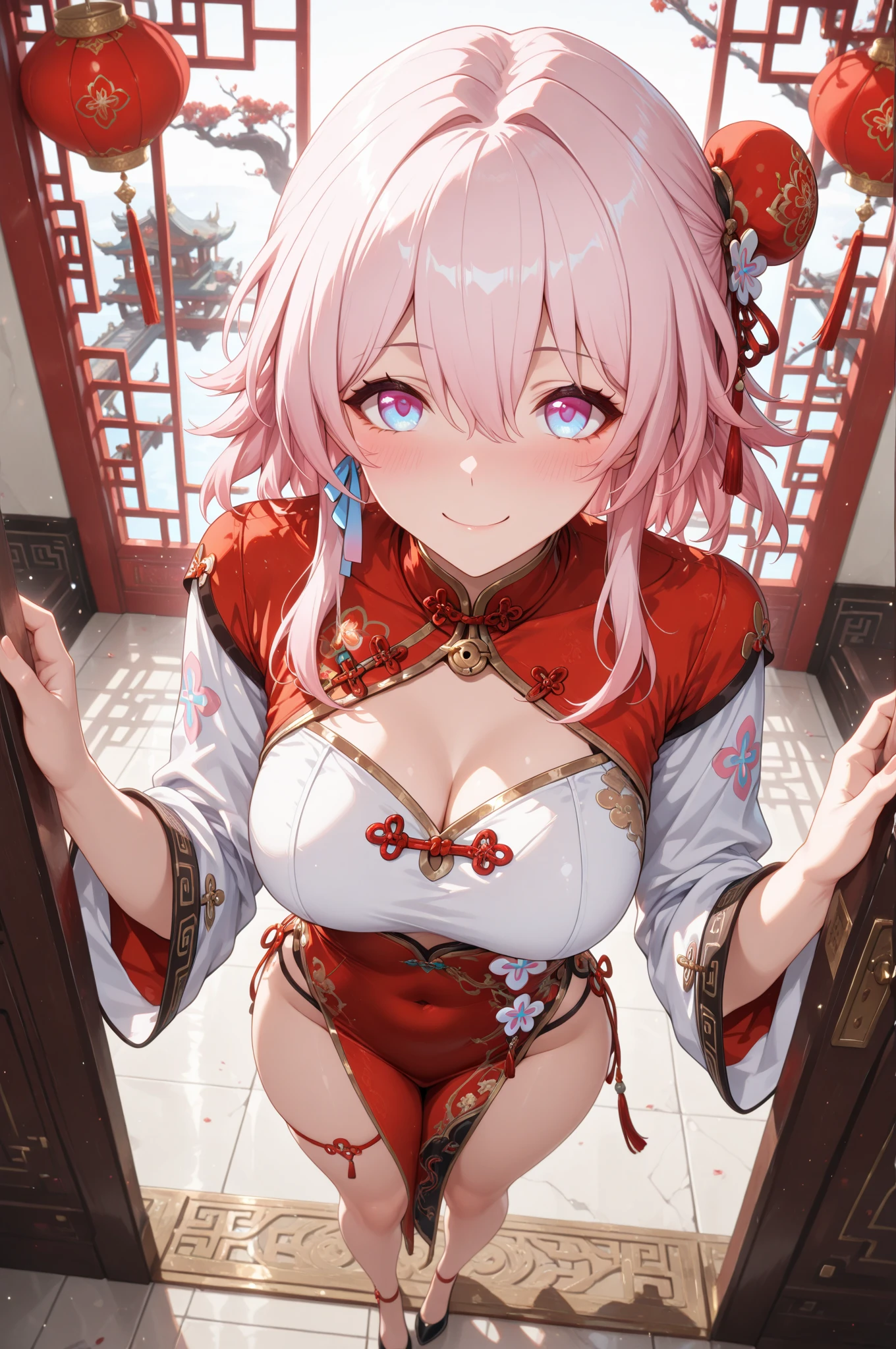 masterpiece, best quality, ultra-detailed, glistening shiny, glowing light, ray tracing, HDR, depth of field, (perfect face, detailed face, detailed eyes), 8k,HD,ultra realistic face, ray tracing, perfect lighting, shiny eyes, looking at viewer,
1girl, demon girl, (mature female:1.4), NSFW, nude, aphrodisiac, heavily aroused, (huge breasts), puffy nipples, large areolae, sweat, thick thighs, sweaty feet, steamy feet, fumes, toes, m legs, barefoot, from below, cowgirl position, squatting cowgirl position, squatting, girl on top, seductive smile, (pubic tattoo:1.2),
(twin braids), (red japanese oni horns, oni horns), streaked hair,((white gradient hair)),((red streaked)),(multicolored hair), ((pink eyes)),multicolored eyes, gradient eyes, (glowing eyes:1.5), mascara, (fashion make up), parted lips, blush, japanese clothes, kimono, choker,
((middle of japan, bridge, river, bushes, trees, walls, houses, sunset, sun)),(complex background, many elements in the background:1.2),((super detailed background)), dynamic poses, ((8k wallpaper))