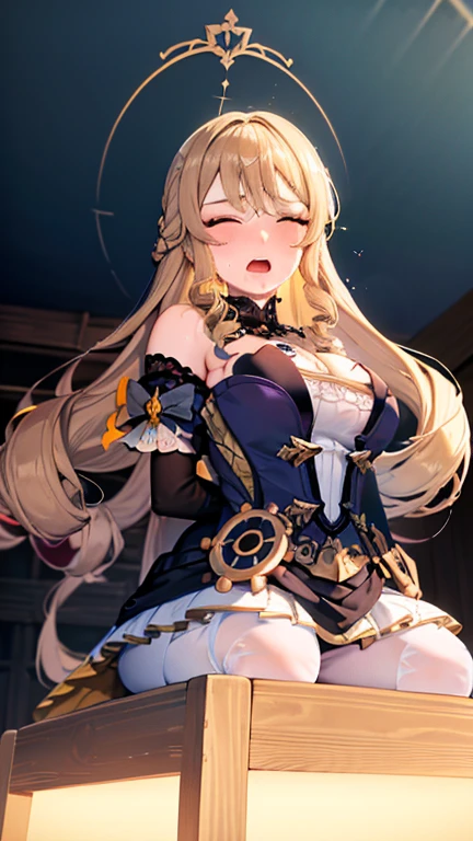 best quality, masterpiece, highres, solo, (navia_genshin:1.10), 1girl, bare shoulders, detached sleeves, (((closed eyes))), strapless dress, black gloves, ((closed mouth)), hat flower, jewelry, clenching teeth, (((Hands tied behind ))), ((arms behind back)), (scowl), sweat, bad mood, ((seiza)), ((Thighs together)), Sitting on the floor, basement, concrete wall, concrete floor, cleavage, navia