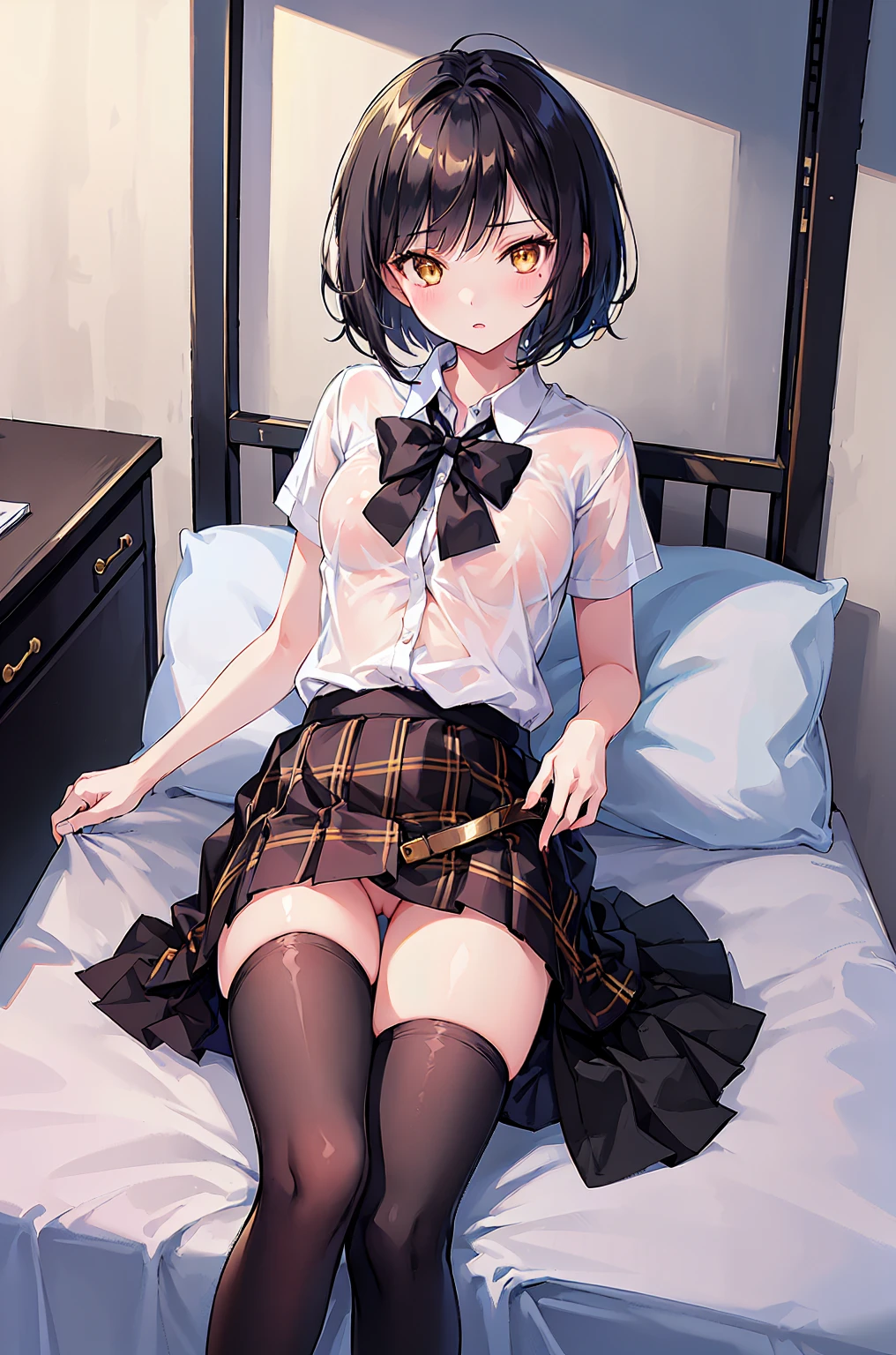 mizuno ai,1girl, 1girl, solo, skirt, jacket, loafers, socks, smile, bow, shoes, brown footwear,  plaid, blazer, school uniform, white shirt, black socks, shirt, open jacket, red eyes, blush, plaid bow, plaid skirt, pleated skirt, black jacket, hair between eyes, sitting, looking at viewer, black hair, long sleeves, hair ornament, bangs, open clothes, bowtie, white background, kneehighs, hair flower, closed mouth, full body, collared shirt, short hair, sweater, plaid bowtie, knees up, flower,  miniskirt, black skirt, blue skirt, hand up, brown sweater
