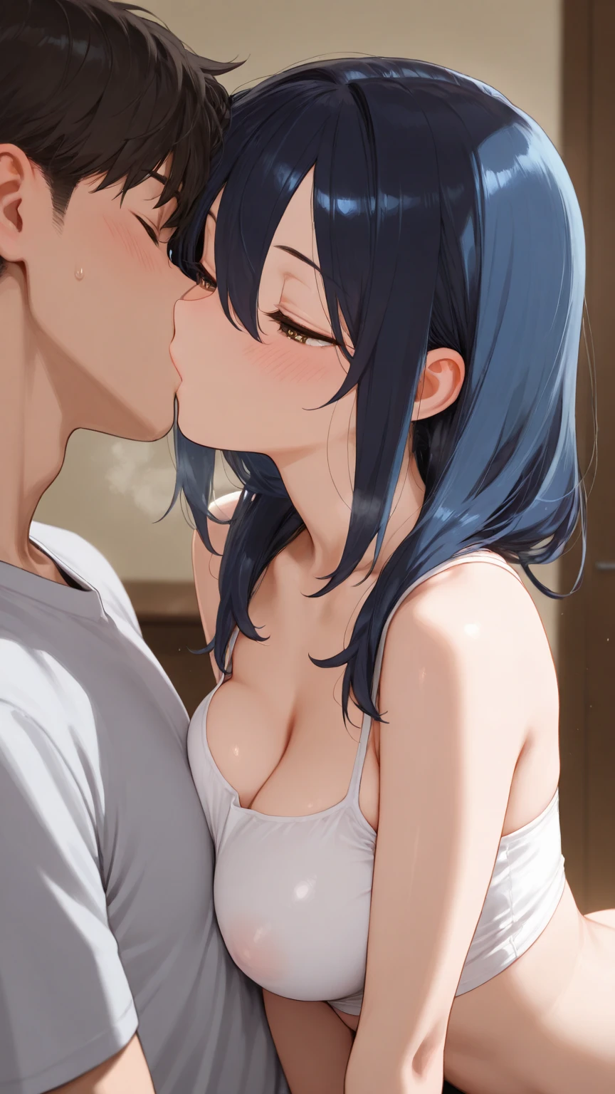 pastel colors t-shirt,off-shoulder look,bare shoulder,ollarbone,midriff peek,hot pants,open mouth,(tongue out:1.2),Kneeling,blowjob,Hands between legs,(from above:1),side view,upper body,face focus,(1girl,14 years old,Beautiful girl,student,teenager),((Slender,Small breasts,Small face,)),(looking ahead),Japanese,Black Hair,bangs,one side up,Beautiful and detailed anime art,(Dimly lit room:1.5),Simple black background,Mischievous smile