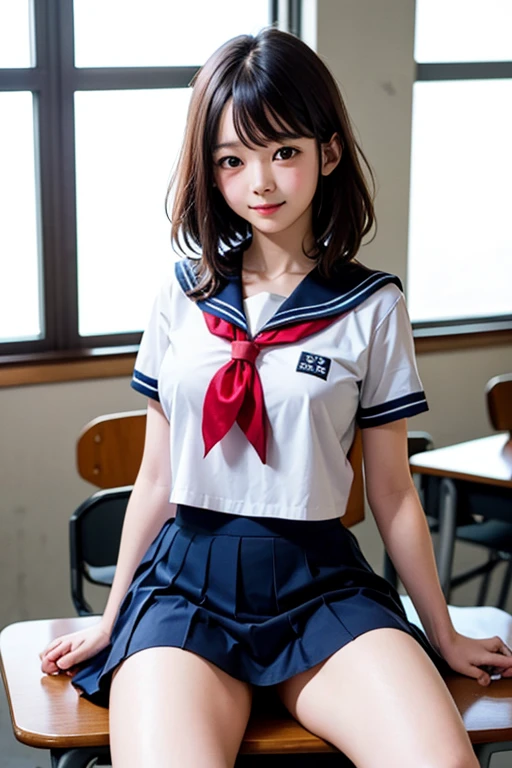(masterpiece, best quality:1.2), 8k, official art, raw photo, incredibly absurdres, (sailor uniform, serafuku:1.0), 15 years old,highschool student,beautiful girl, pretty face, arch back, close up, , short sleeve, gardenia, violaceaess, (short ponytails:1.3),teen, classroom, looking at viewer, no makeup, film grain, chromatic aberration, sharp focus, facelight, dynamic lighting, cinematic lighting, detailed eyes and face, bokeh background,(cowboyshot:1.3),(small brests:1.2),(skinny:1.2),(smile:1.2),(school swimsuit:1.0),(fullnude:1.0),(show pussy:1.4),(bottomless:1.6),