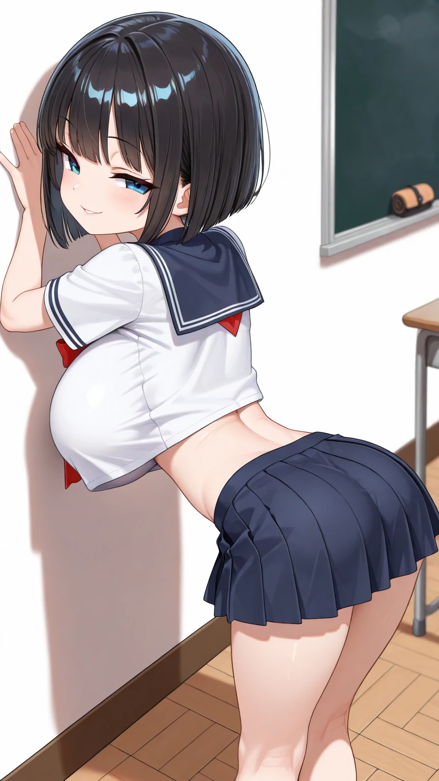 completed naked, standing, classroom, black hair, twintails