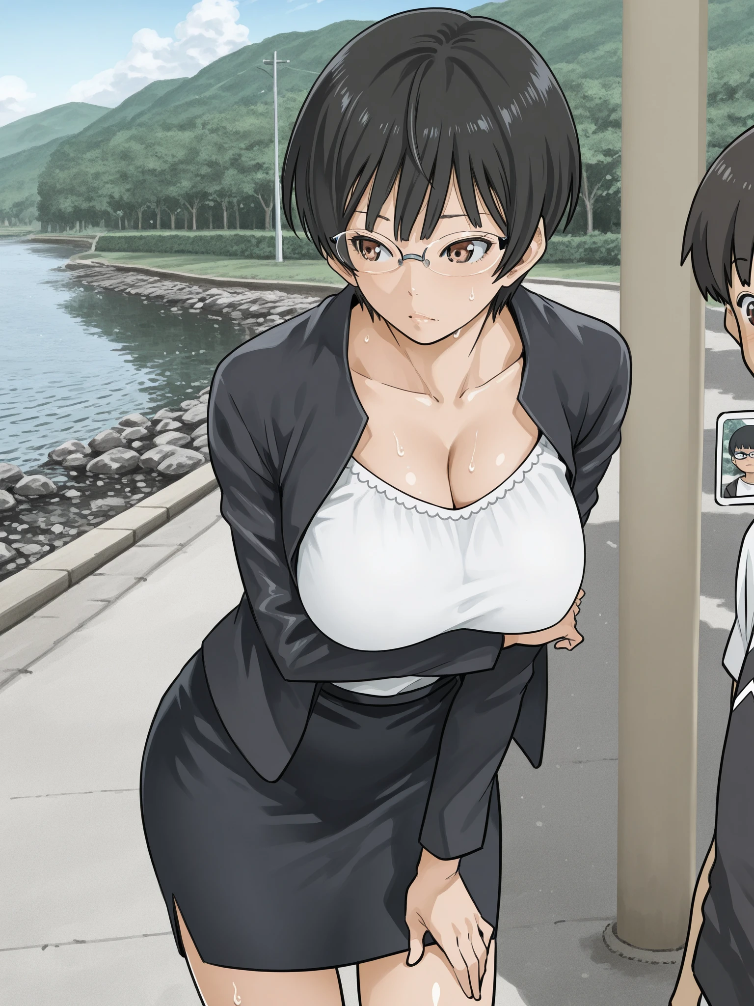 highest quality, (masterpiece:1.2), 
1 girl, alone, Mouth closed, smile,
brown hair、Short Bob、hair band、The forehead is visible, (Huge breasts)
、((A grey blouse that shows off her cleavage、Shorts))
Are standing, Looking at the audience,The whole body is visible