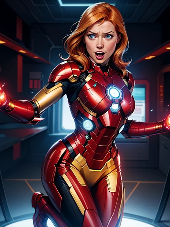 une femme de 25 ans, rousse, sexy, romantic smile, a lot of details, ironman cosplay, sexy, lingerie robotique