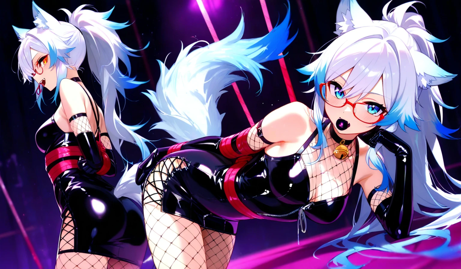 Beautiful girl with silver hair with cat ears Nipples and crotch on a big stage Wearing a bondage suit with exposed buttocks An erect penis grows in the crotch and masturbates violently with a crab crotch
The expression on his face is a smile that is flattering to the audience