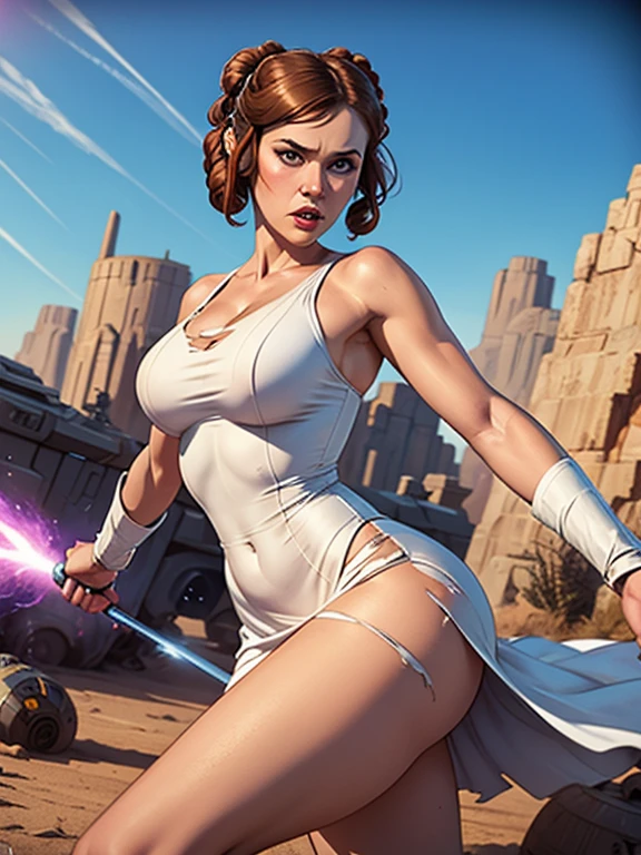 top quality, Ray, starwars, sexy milf, thigh high, white nightgown, serious face, brunette, ponytail hair, jedi,