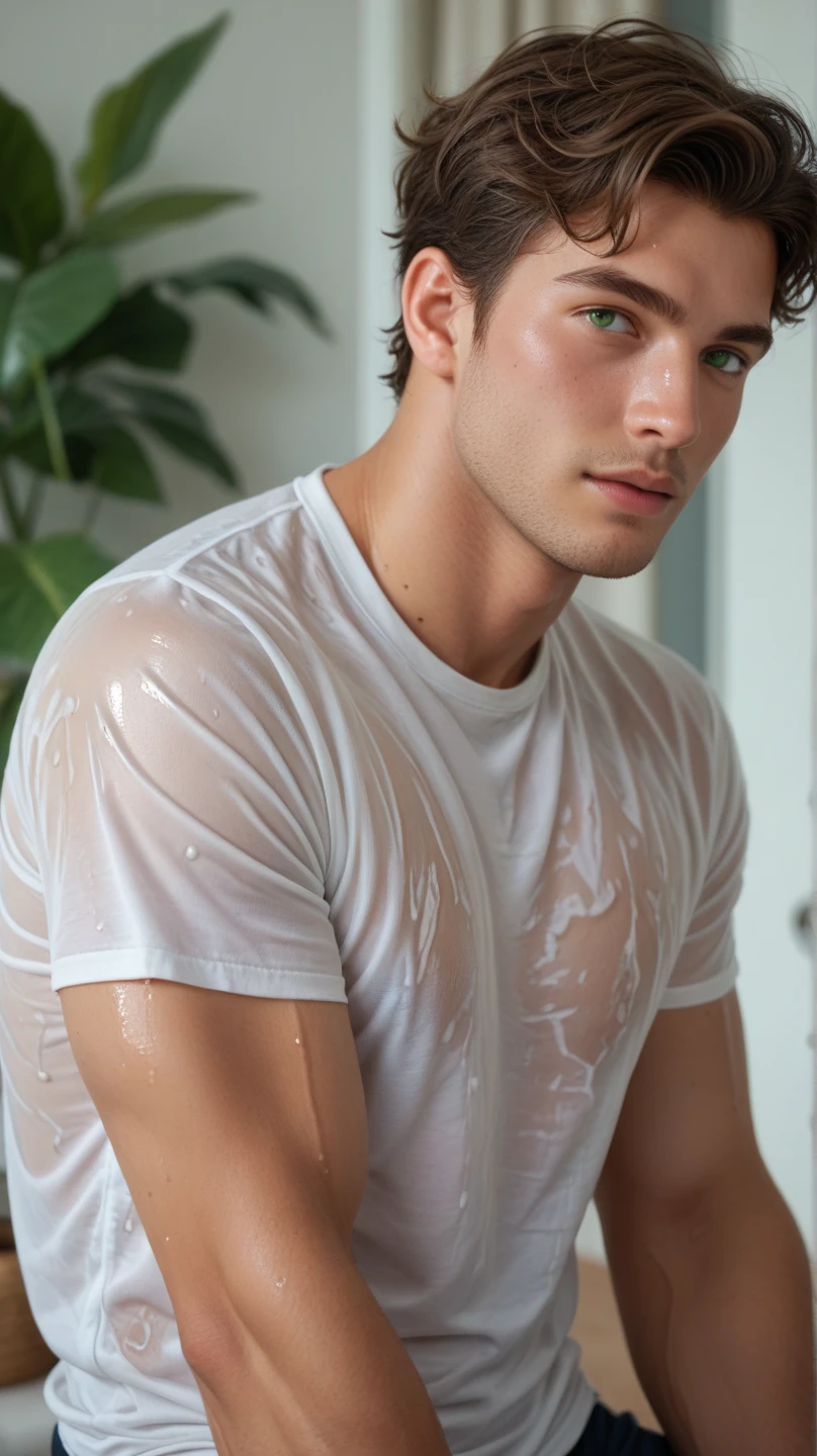 (best quality,High resolution,Masterpiece:1.2),The eyes are natural and delicate.,1 person (Wear a wet white shirt:1.5),alone,gay asian,muscle,Long legs,brave,short hair details,conjunctivitis,Six-pack abs,sexy for,(best quality,High resolution,Masterpiece:1.2),stalwart,brown eyes,no. In the swimming pool,