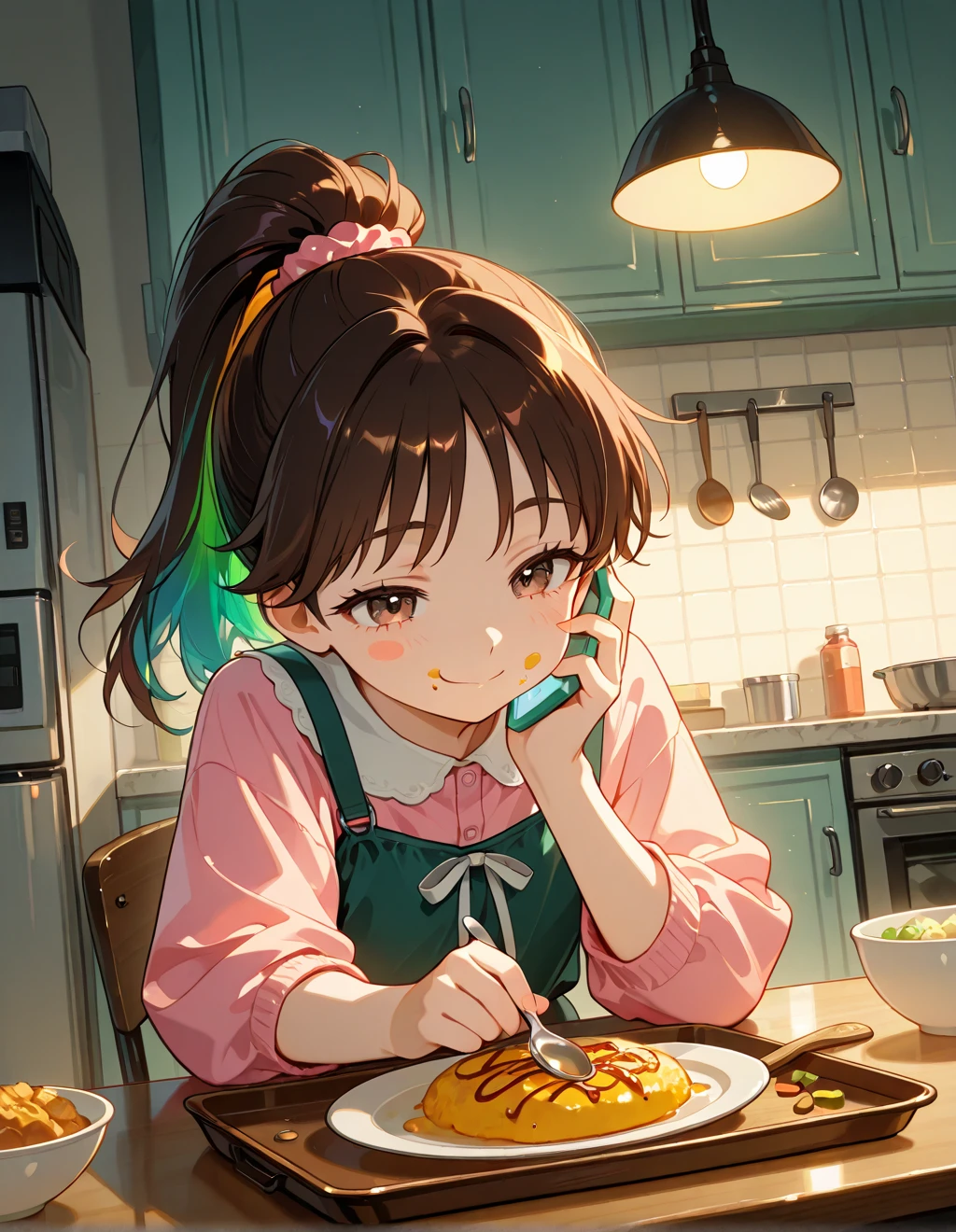 Shin Evangelion，asuka，dining table，inside in room，Brown hair long，facing at camera，icecream，desks，white  shirt，Hold the plate with both hands，Take a bite of ice cream in your mouth