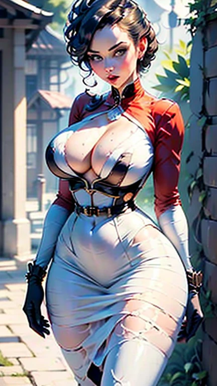doggirl, big breasts, frontal, full-length, looking at the camera, facing the audience, standing pose, doghouse background, three-dimensional light, detailed full-body concept, sleek digital concept art, beautiful full-body concept art, art trend, CGsociety full-length,