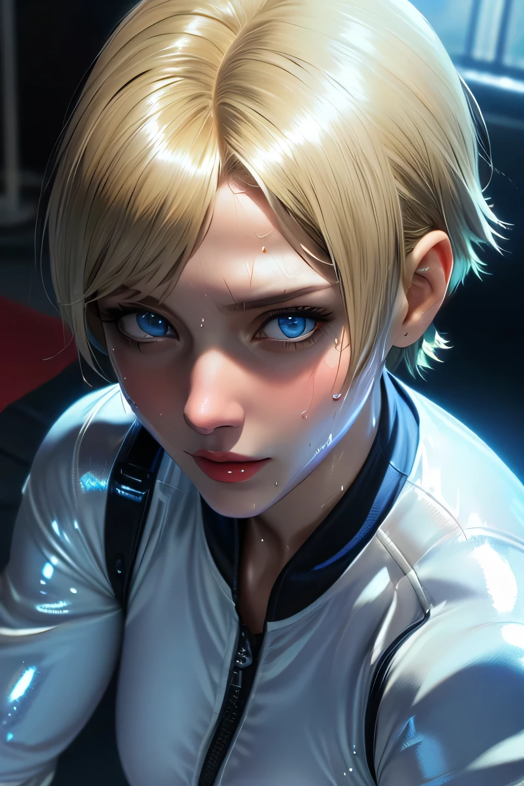perfect anatomy Highest Quality,highest resolution,(((shiny white clothes Shiny Blonde short hair blue eyes shiny skin sweat))) Shelly Birkin