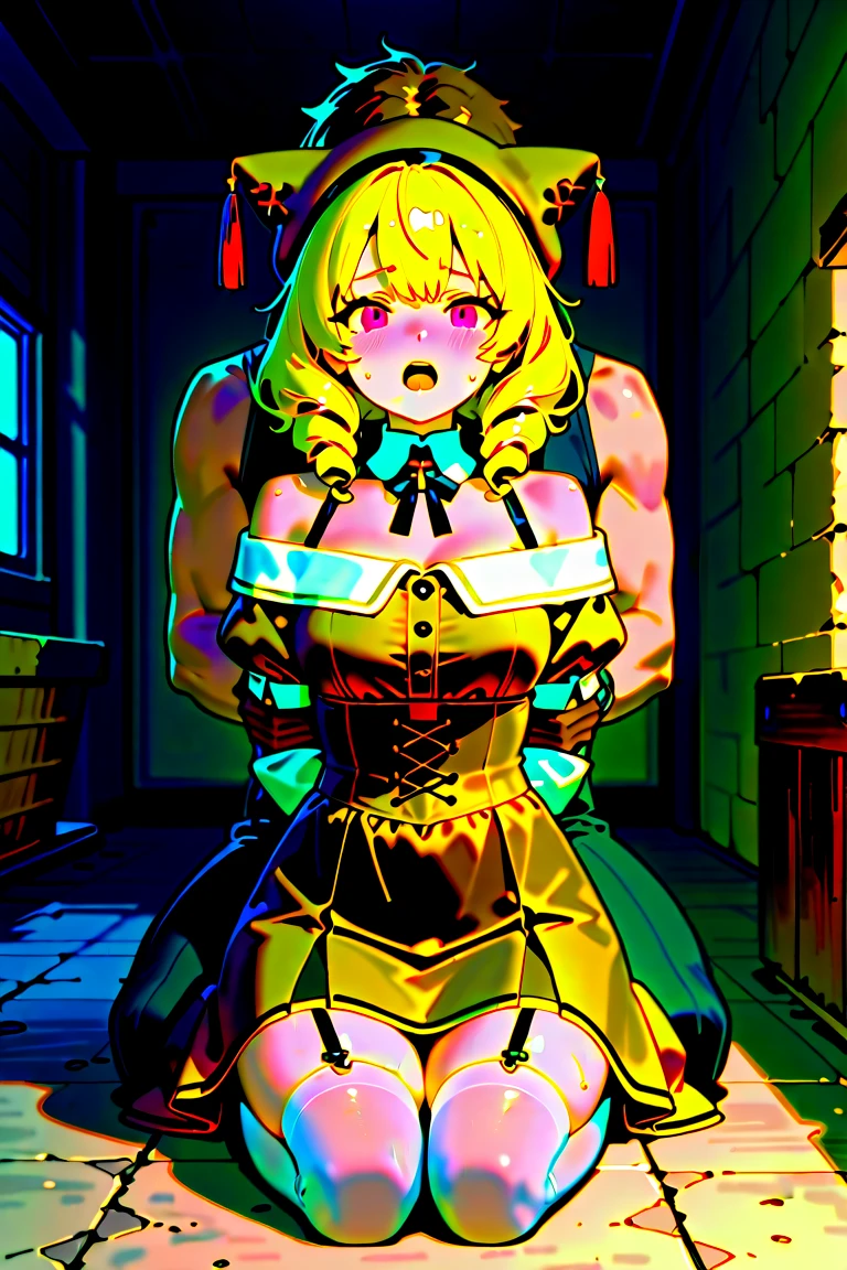 melodiebs, 1girl, solo, Melodie, idol, musical notes, pink hair, big bow, elbow gloves, black crop top, yellow skirt, thighhighs, fur stole, choker, pink boots (with X), cute and blushing 18 years old anime girl, look away because she is embarrassed and blushes, bright blue eyes, detailed face, detailed members, detailed arms, detailed hands, Girl lying, tied by ropes, shackled, can no longer move, tied tightly, very hard tied up with lots of ropes, hampered by so many ropes that she can no longer move, bound hands and feet, ropes tie his whole body, tied extremely tightly and forcefully to her bed by a lot of ropes, its limbs are strongly tied together by ropes, his torso is tied up with thick cords, her chest is so tied up with ropes that it sticks out, her legs are tied tightly with thick ropes, his hands are tied behind his back with ropes, she can no longer move her feet, her hands which are tied by thick ropes, she desperately tries to free herself, likes to be tied tight with big ropes, likes to be immobilized by big ropes, lying down, his hands and feet are strongly tied to the railing of his bed, his legs are pressed together and tied with ropes, its limbs are held vigorously by imposing ropes, her hands are tied securely behind her back by ropes, her chest is compressed by strong ropes, she is pressed against her bed and restrained by large ropes, (shibari, arms behind the back:1.4), (hands on the back), (masterpiece, best quality) 1.5, 1girl, solo, (sexy, beautiful woman, perfect face, perfect eyes, perfect hands), samus aran, (hands on the back), Spread the legs, s' ((lie in bed by big ropes)), ((close up of the girl)), ((((lie in bed)))), ((((arms tied behind the back, Legs Tied,La fille est allongée sur le ventre, La fille est allongée sur le sol:1.5)))), ((((girl seen from behind:1.4)))), ((((girl lying down on her stomach:1.4)))), ((((Outstretched arms:1.5)))), ((((Detailed hands:1.5))))