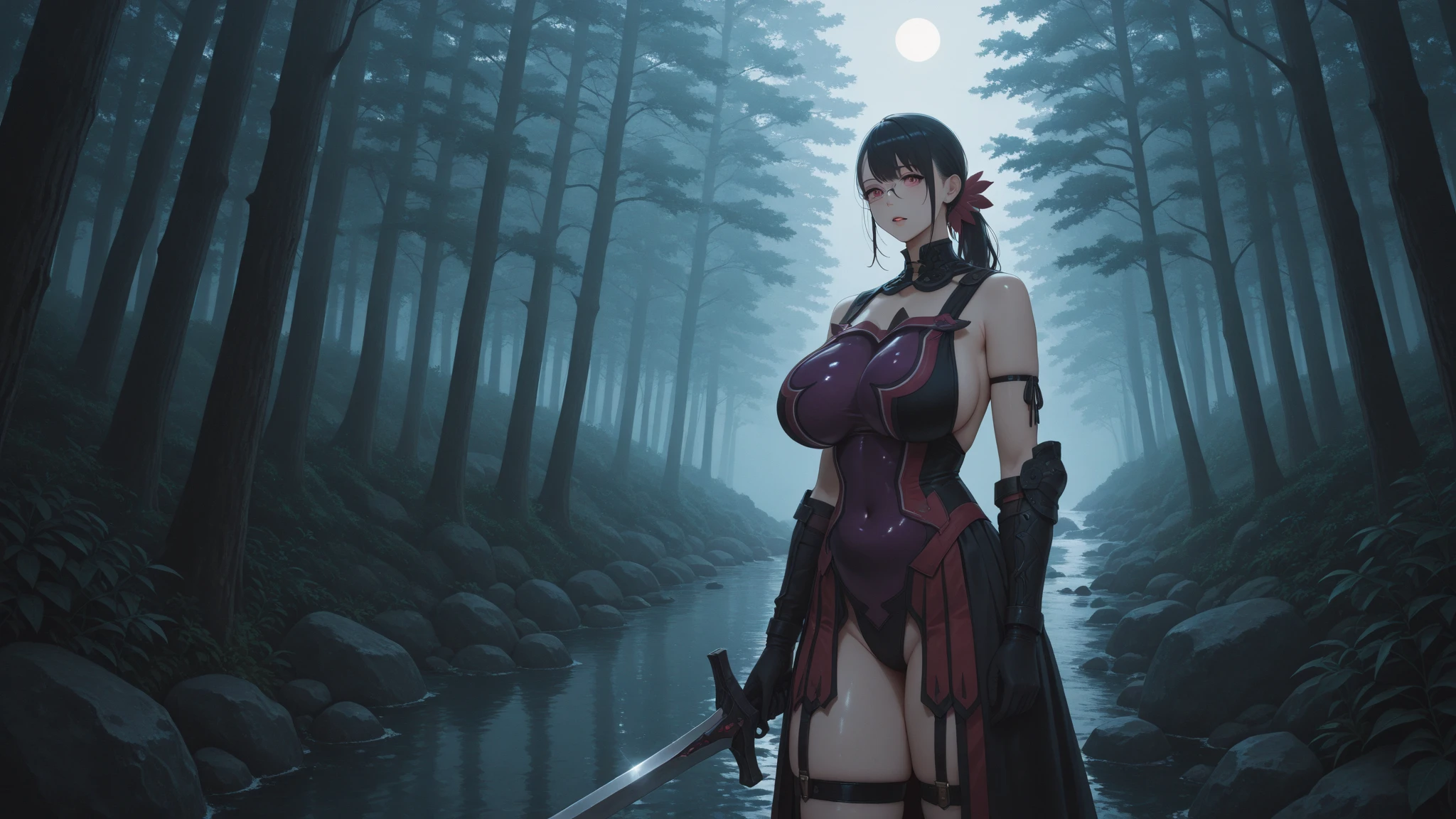 Beautiful images,Detailed Images,Official image,Waterfall Background,A woman wielding a Japanese sword,Blonde,Red Eyes,Ponytail Hair,Model body type,(Dark Skin:1.3),Elf Ears,Large Breasts,(Black ninja suit,Jet Black Cloak:1.3),