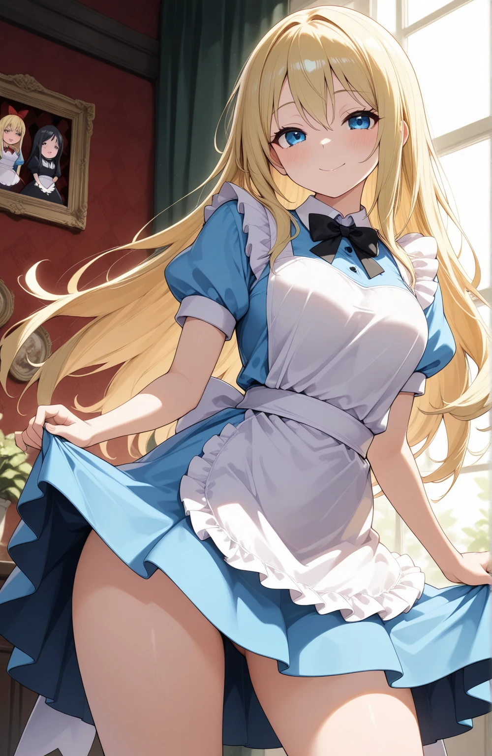 Alice, blue pantyhose, lift her very tiny miniskirt
