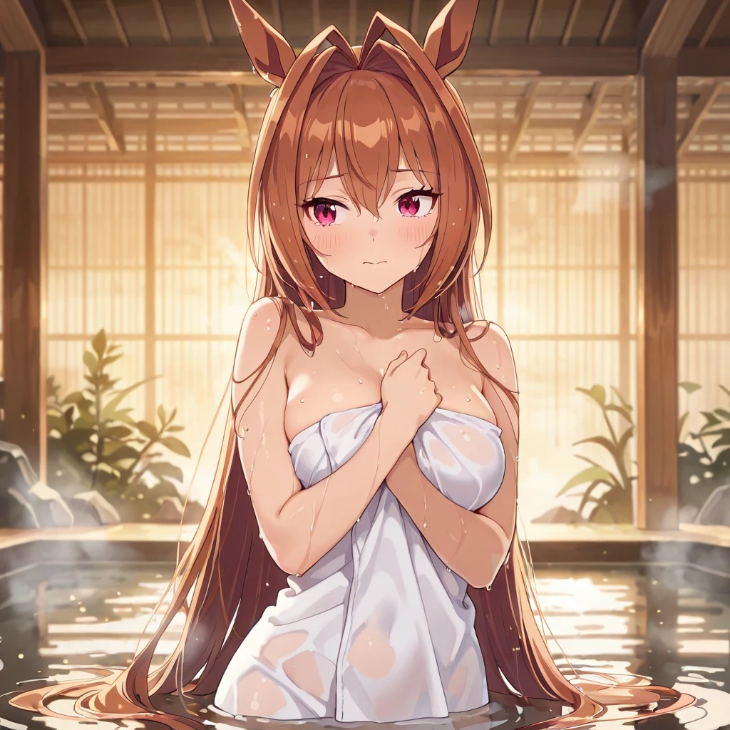 Raphtalia woman 27 años, cabello rubio brillante con reflejos, sonrisa hermosa, rubor en mejillas, , orejas de oso, detailed ruby red eyes, pechos grandes, piel clara detallada, desnuda, pechos desnudos,grandes desnudos,He is bathing in hot springs at night. pechos grandes, gotas de agua en su pecho. noche. orejas de oso redondas.