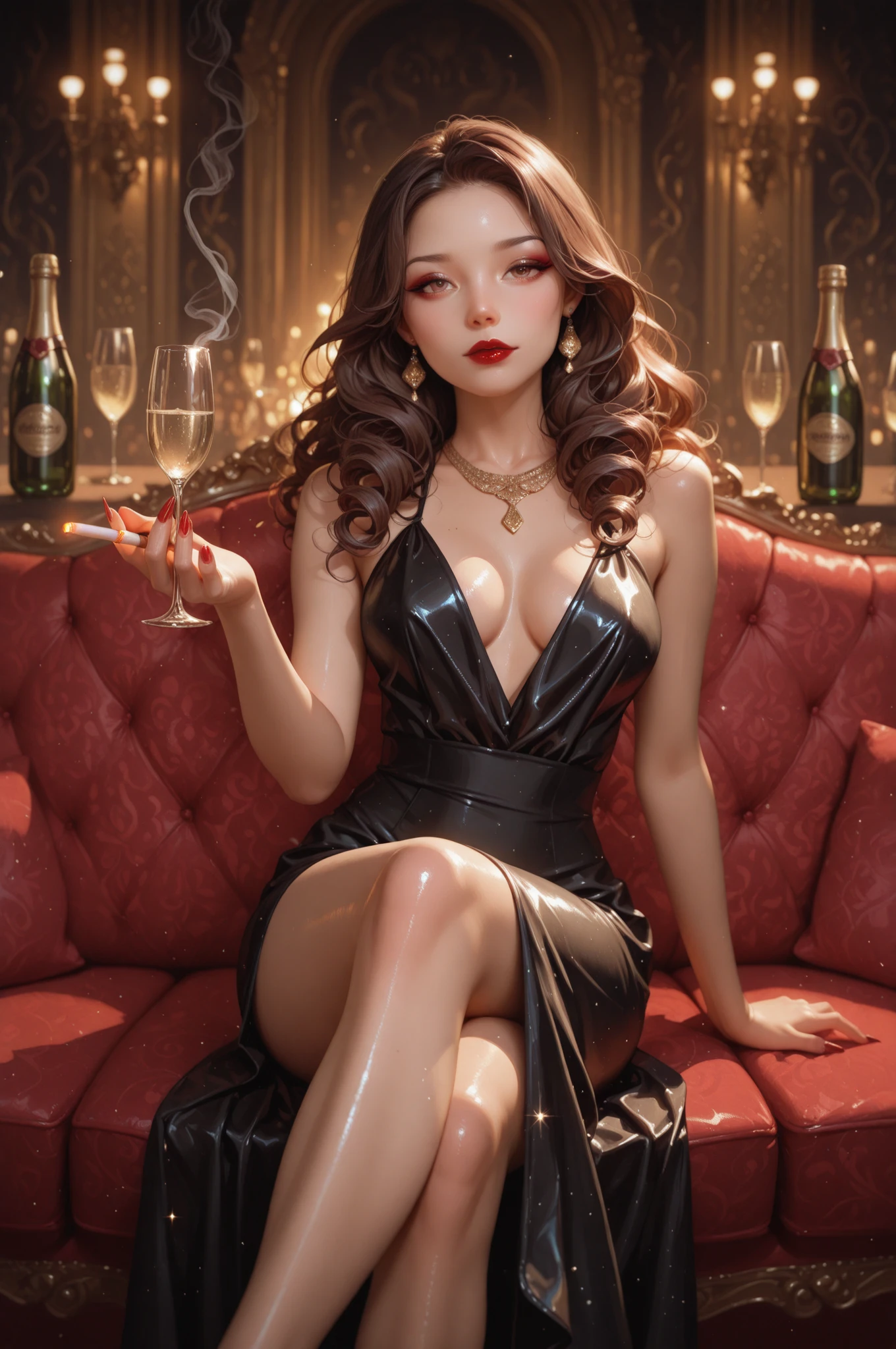 Masterpiece, best quality, Highly detailed, teenage girl, beautiful face, looking at the audience, Cyberpunk style dress, Deep V-neckline, Medium bust, Wine glass hand holding, smile, fit, sexy, โรงแรมหรูสไตล์ไซเบอร์พังค์องค์ประกอบHighly detailed, 30k, 3d, movie theater light, Stunning light, shallow depth of light, Exquisite clothing details, sharp focus, DR, Physics-based rendering