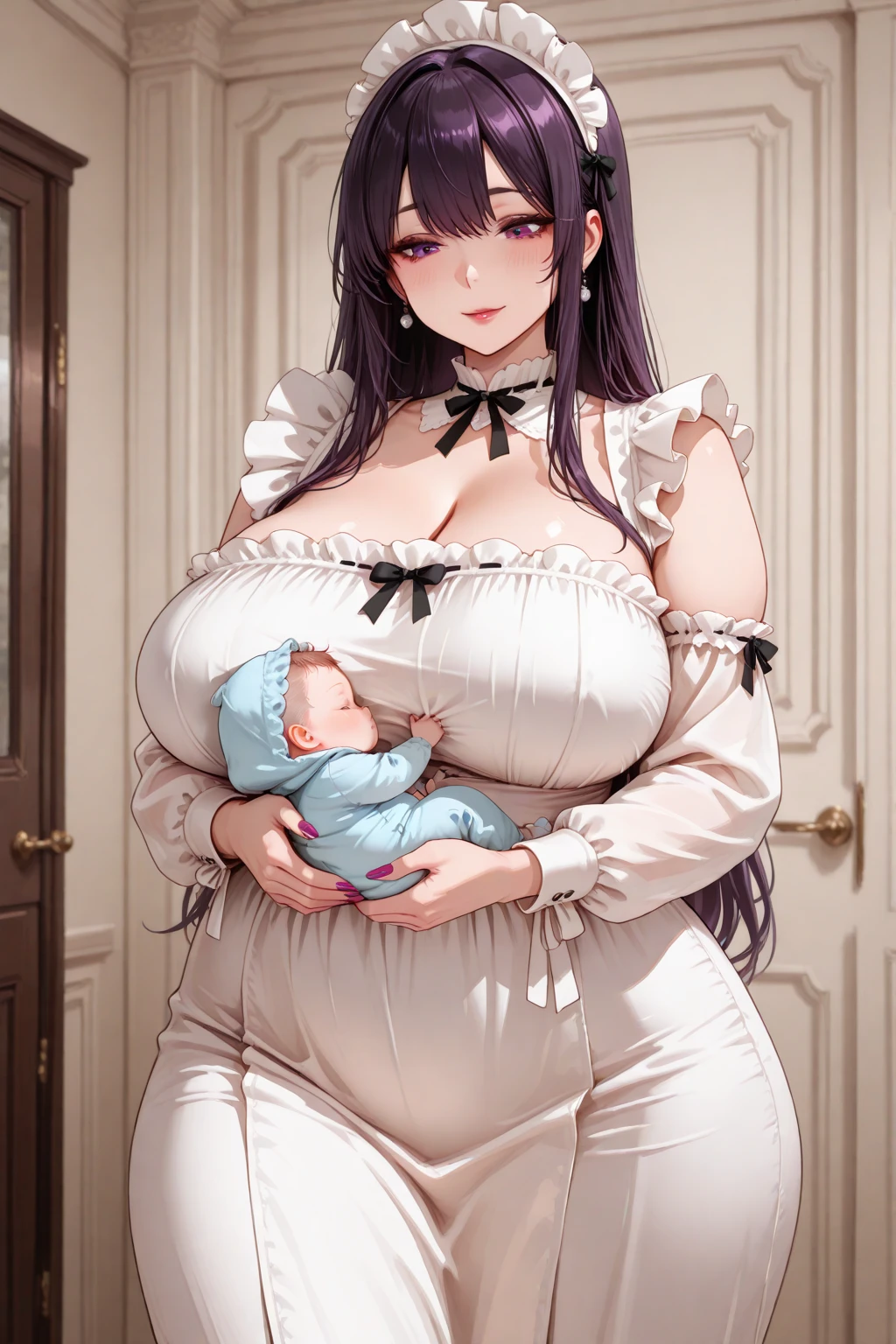 
In the grand halls of a stately mansion, a pregnant maid glides with poise and grace, her swelling belly a prominent testament to the new life burgeoning within. Adorned in a traditional black and white maid's uniform, impeccably pressed despite the demands of her condition, she carries herself with a serene dignity that befits her role.

Her attire, tailored to accommodate her growing form, hugs her curves with a gentle embrace, the crisp fabric cinched delicately at the waist. Each movement she makes is accompanied by the subtle sway of her burgeoning belly, its presence undeniable beneath the uniform's fabric.

Her belly, round and full, protrudes prominently beneath the fabric of her uniform, drawing the eye with its undeniable prominence. With each passing day, it seems to grow larger, straining against the confines of her clothing as if eager to announce the imminent arrival of her precious .

In moments of rest, she cradles her belly with tender hands, feeling the weight and warmth of her unborn baby nestled within. The sensation of movement beneath her fingertips is a constant reminder of the new life she carries, filling her with a sense of wonder and anticipation.

Despite the physical strain of her pregnancy, the pregnant maid carries out her tasks with unwavering dedication, her movements fluid and sure. Yet, as she navigates the grand halls of the mansion, her belly seems to precede her, a symbol of the life and love that grows within her with each passing day.