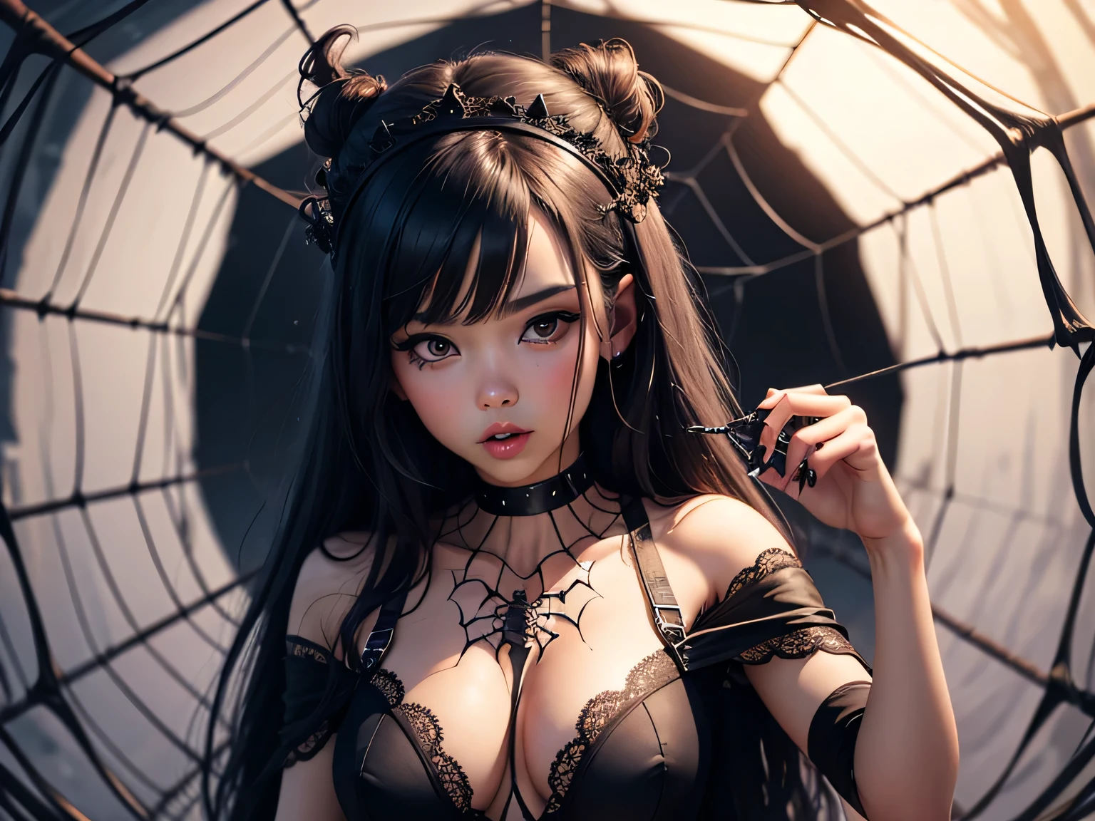 (photorealistic:1.8, highest quality:1.8,8K masterpiece:1.8,High resolution,muste piece:1.8,RAW Photos,cinematic lighting),
cyber punk、spider girl、(Soryu Asuka Langley)、(alternative、dull tone、calm tone:1.3)(1 beauty、Beautiful face in every detail:1.3)(Bewitching Black Spider Tight Suit:1.7)((Moderate chest:1.3)、Arachne tattoo on chest、Arachne:1.2) (look back、squat、raise your hand:1.2)(body fluids attached to the body:1.4)spiderweb、The white body contains Arachne threads.。(elation:1.4)、smile、
plump nipples、(cameltoe),No split screen,slender abs:1.2,(Young sensual gravure idol)