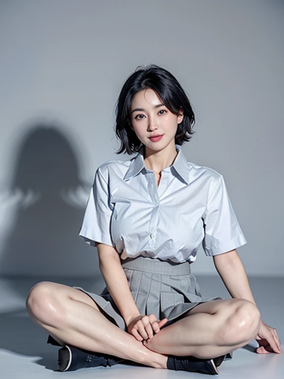 (8k), (highest quality: 1.2), (Realistic), (Realistic: 1.37), Ultra-high resolution, (1 girl), cute, A shy smile, Mouth closed,(Red cheeks with embarrassment:1.3), Beautiful details, Beautiful Nose, Black short bob hair, bangs,Giant Dulcefo,University Uniforms,(Simple white Y-shirt:1.5),(Pleated dark blue skirt:1.3),(Sitting:1),(closed up shiny legs:1.2),(From the side),Bring your face closer