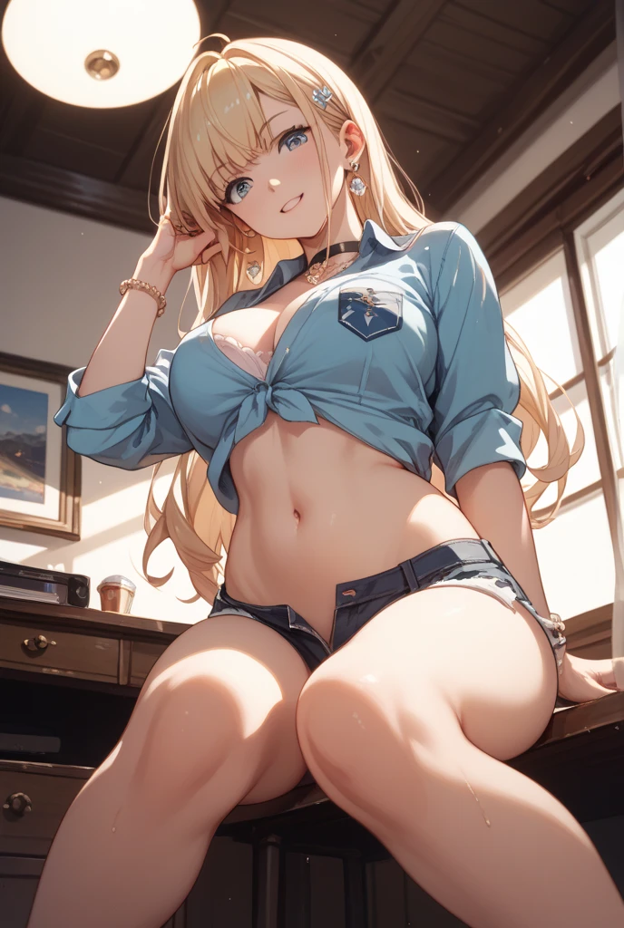 (((Skin exposed from disheveled uniform)))、((((make sexual advances))))、((痴女))、Nipples protruding from the bra、panties on、((((feel shy))))、((a blond))、beautiful Girl、Large beautiful breasts、cleavage of the breast、A slender、オマンコ、(((((Seduction while being shy)))))、(((s Office)))、((smil))