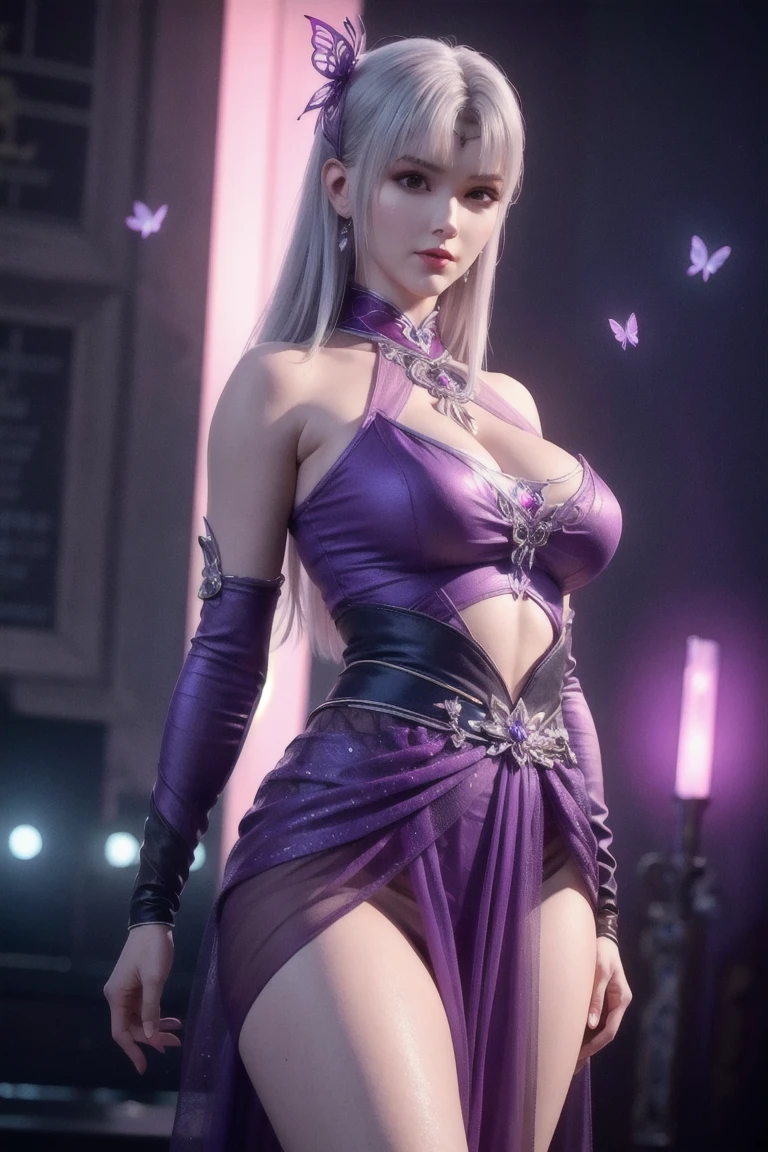 style by Aleria_v, ((BEST QUALITY)), ((MASTERPIECE)), ((HIGH RES)), ((CINEMATIC LIGHTING)), ((DETAILED)), masterpiece, best quality, green eyes, purple hair, aura, tall, thin, pale skin, sharp features, regal, elegant, charismatic, intimidating, sorcerer, noble, powerful, style by Aleria_v, background in the form of a floral pattern