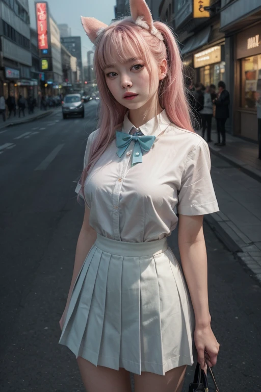 Hot girl, white hair, green eyes, school clothes