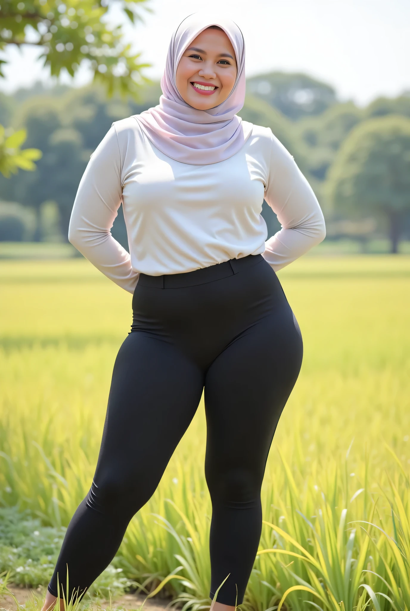 Just Front photo, wear a loose drop Looks like a little rubber panties pastel translucent (black) leggings flare bootcut closed my center & mini flat strapless, Tetek besar melayut, hijab hijab hijab hijab, (photorealistic:1.6), background rice paddy. daytime atmosphere, don't put any rope! flat chest!, hands behind back while legs astride, view from front,