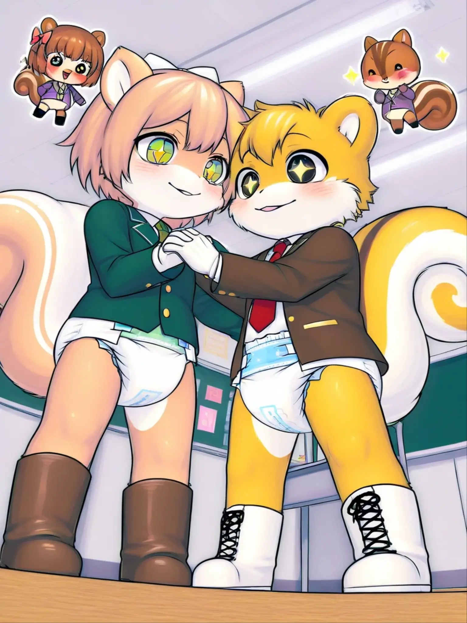 2boys and 1girl, squirrel, furry, bodyfur, tail, collar, bra, bottomless, gloves, boots, chibi, sparkling eyes, idol, hair bow, happy, full body, ?????, ?????????, some perfect pussy, triplets, full body, love triangle, hug from behind, jumping, park, peeing