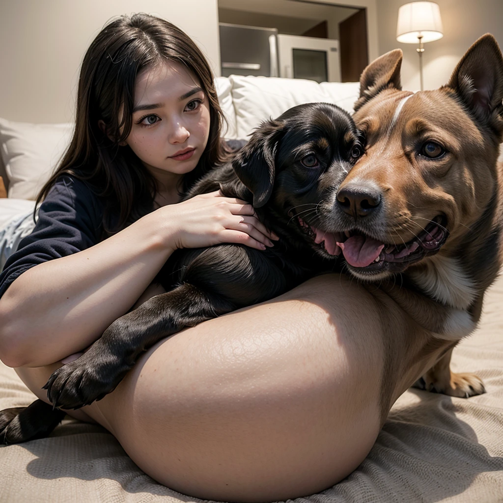 Interior commemorative photo,FULL BODYSHOT,sideshot、13-year-old flat-chested girl and large dog,shyly smile,7 months pregnant,Hugs of large dogs,Real Light,Commemorative photo of a pregnant woman and her dog in Japan、(NSFW)