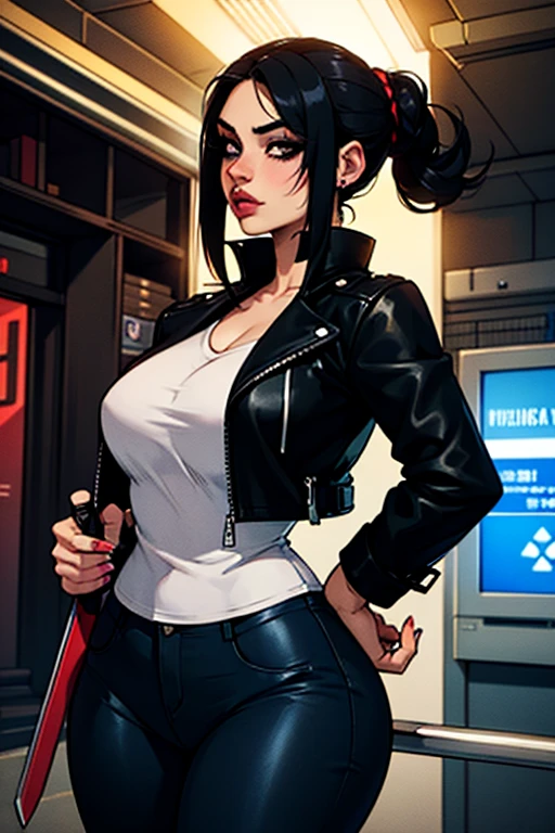 pixel art, profile view of TifaLockhart wearing a white croptop, suspenders, black skirt and thighhighs, black hair, facing sideways, fingerless gloves, in a boxer's stance, indoors. There is a text box above her that says "FINAL HEAVEN"