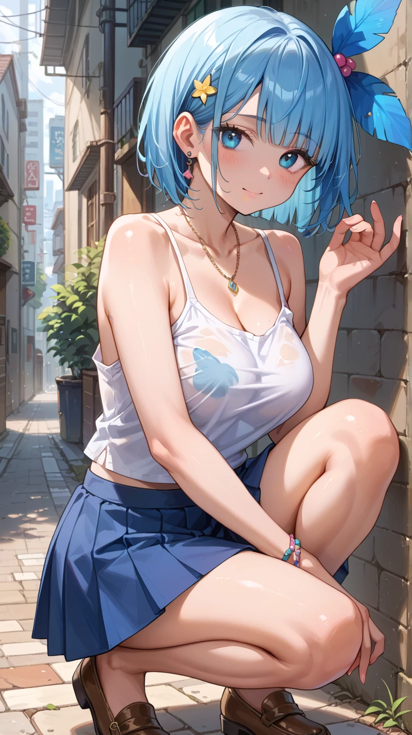 (Picture of beautiful anime girl) Thin shirt, girl with blue hair, big breasts, about middle size, not too big and not very small. pretty woman with cute face blue-yellow eyes Wearing blue underwear with yellow stripes, no underwear. Husband is white. Standing full body. Beautiful legs, beautiful arms, showing breasts.