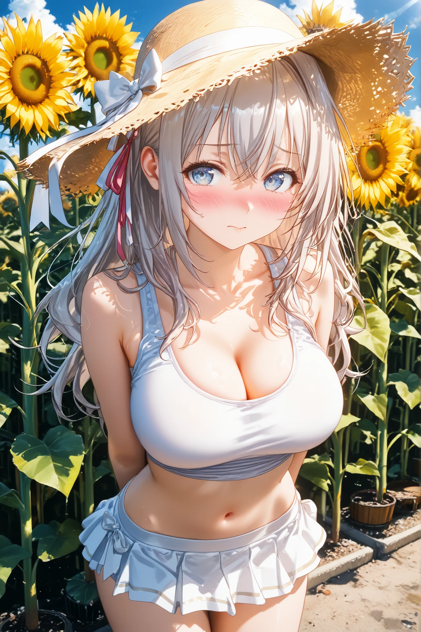 (((best quality)), ((masterpiece)), (details), masterpiece, best quality, high quality, ulutra detailed, perfect face, ((1girl, blue eyes, cat ears: 1.3 silver bob hair: 2.5,)) 、Shiny Hair、Glowing Skin、blush、Lustful look、smile、Sunflower print bikini、Sunflower hair accessory、Sunflower field background、whole body、Sexy pose