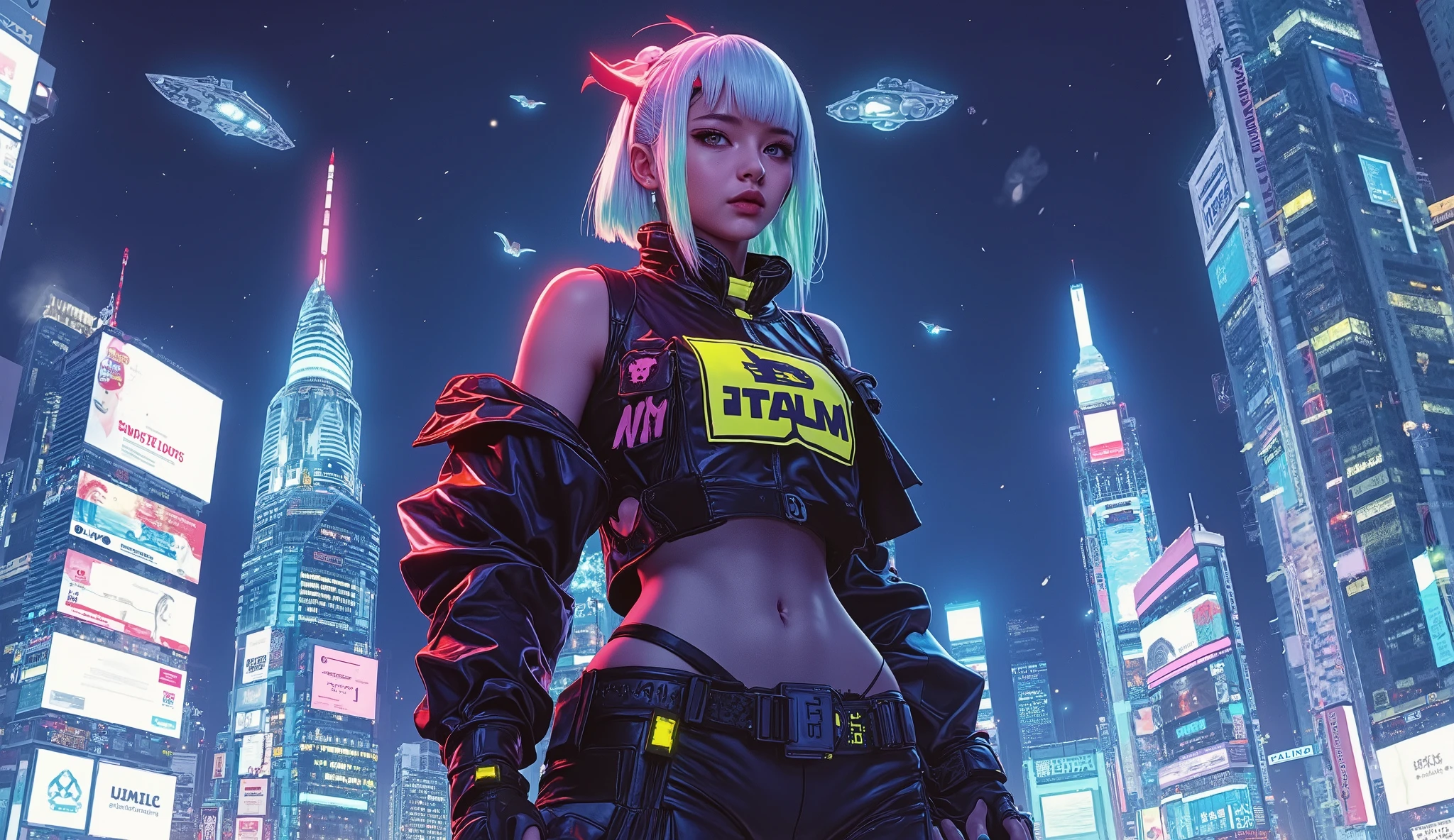 ((Manga artwork cowboy shot) von (perfect Asian cyberpunk girl, wearing detailed Harajuku clothing with company logos)), (((dynamische Pose))), ((LED-Leuchten)), ((Manga-Zeichnung)), ((kinematic lighting)), ((Chiaroscuro)), warme Farben,  perfect features ,  abstract beauty , nahezu perfekt, Reine Form, Konzeptkunst, intricate detail, 8k-Postproduktion, high resolution, super detail, trending on artstation, scharfer Fokus, Studiofotos, ((background with futuristic skyscrapers and flying cars like in Blade Runner)), ((cyberpunk city at night)), ((Neon lights and holograms in the sky))

