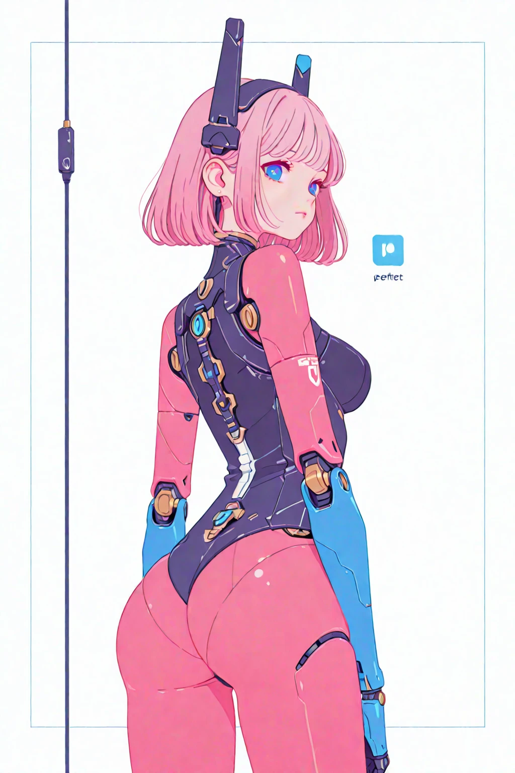 A short girl, with a robust and compact appearance.

but with a strong and well-defined body. Her arms and legs are muscular.

Her face is rounded, with full cheeks that give her a slightly childish but also expressive appearance.
She has large, round, deep pink eyes. Her eyebrows are thick and dark.
Her nose is small and round, and her lips are thin, usually curved in a determined or annoyed expression.
She has a small beauty mark (mole) near her right eye.

very curly, light pink hair, which is her most prominent feature.
Her hair is tied up in two voluminous pigtails that sit on the sides of her head. These curls are large and tight, spreading outward like two pompoms.
Her bangs are thick and curly, falling just above her eyebrows.

Dressed in transparent erotic Lingerie and with Robotic elements

(((character sheet))) ((various views)) ((front and back) (Face detail) (full body)