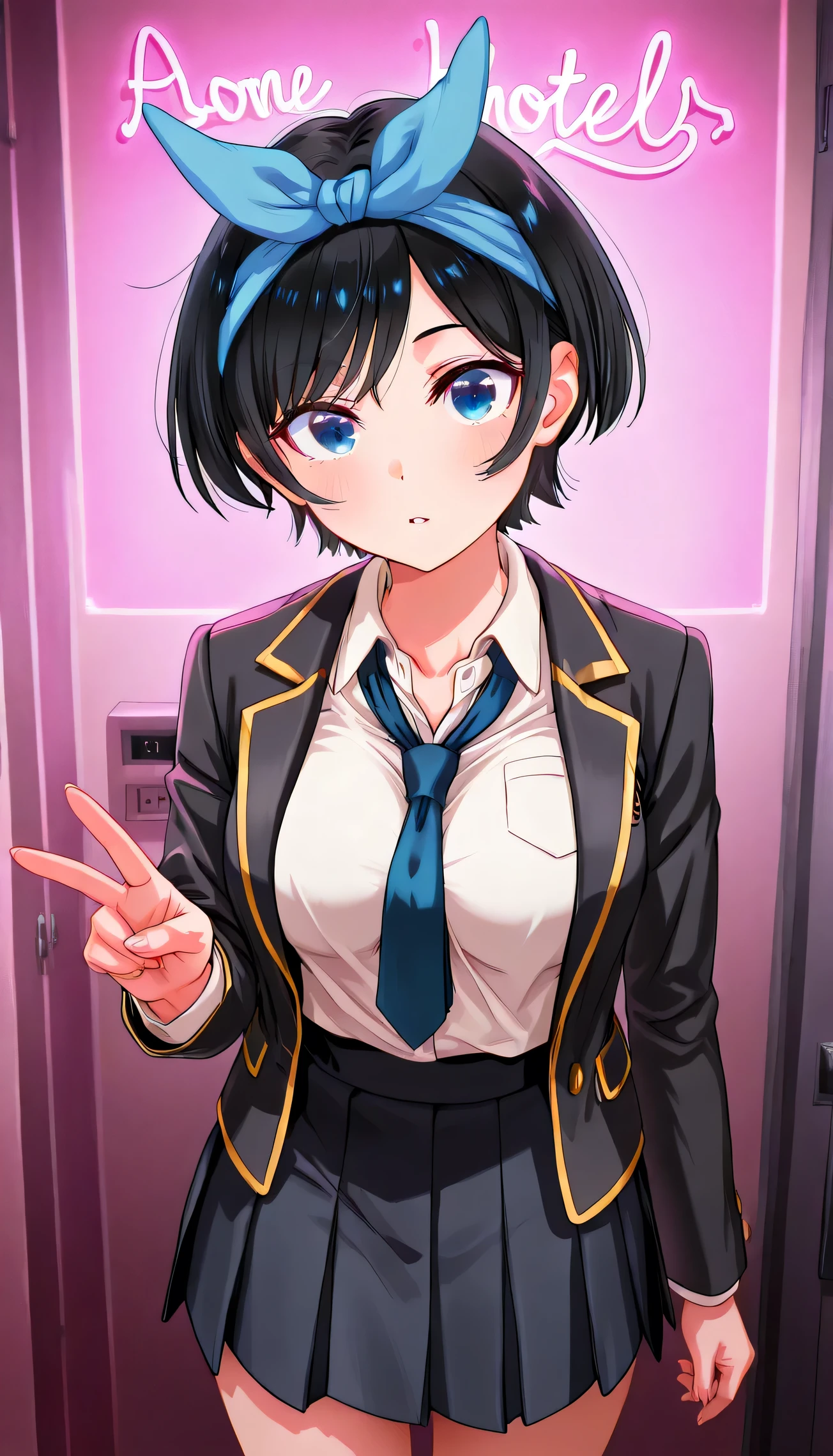 Ebruka, A girl, Alone, short hair, blue eyes, black hair, blue ribbon, headband with bow, medium breasts, long sleeves, school uniform, white shirt, pleated skirt, collared shirt, falda negra, mini fold, open jacket, black jacket, V-neck, corbata a rayas, love hotel r00m