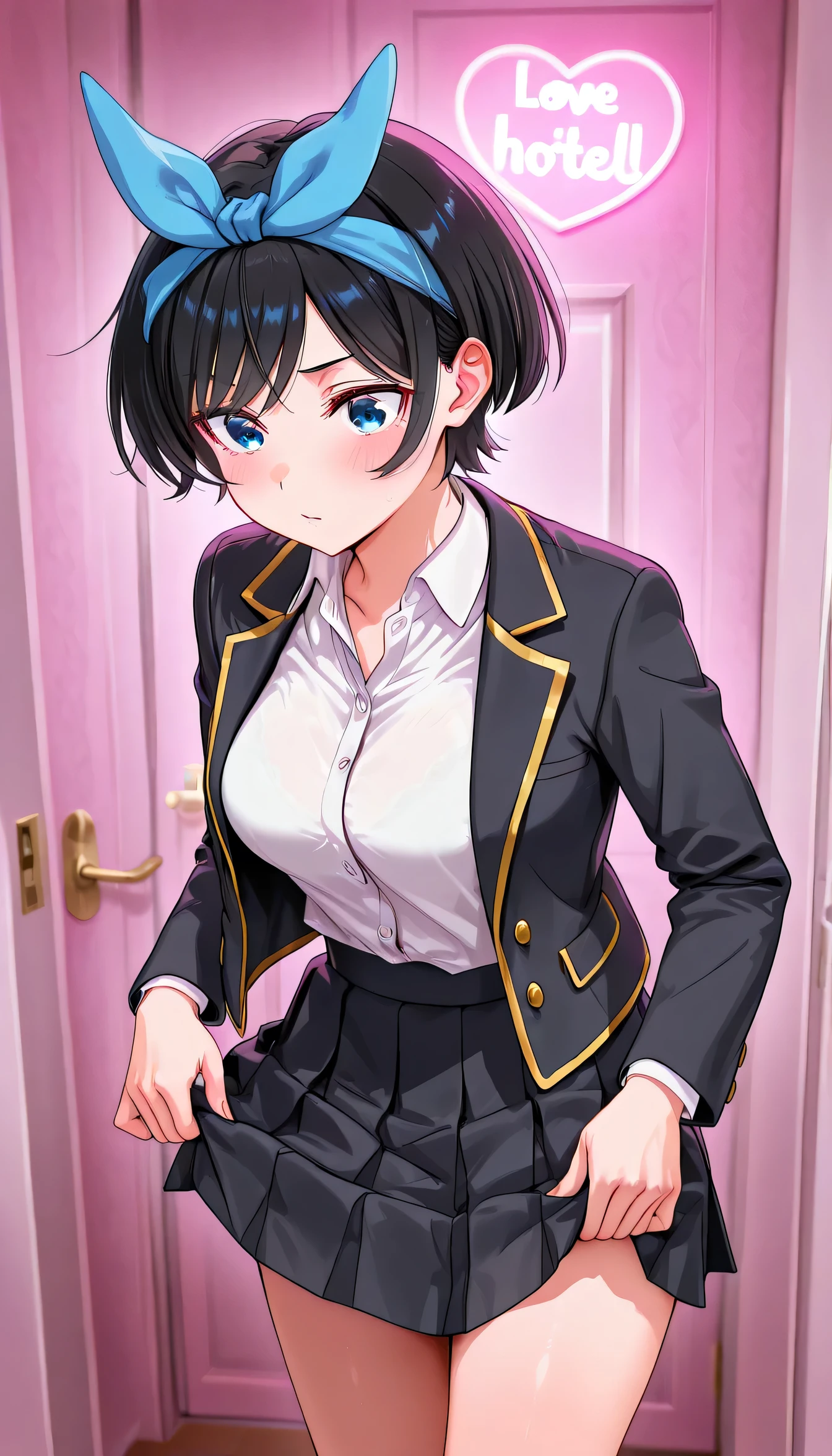 Ebruka, A girl, Alone, short hair, blue eyes, black hair, blue ribbon, headband with bow, medium breasts, long sleeves, school uniform, white shirt, pleated skirt, collared shirt, falda negra, mini fold, open jacket, black jacket, V-neck, corbata a rayas, love hotel r00m , lifting her skirt showing her