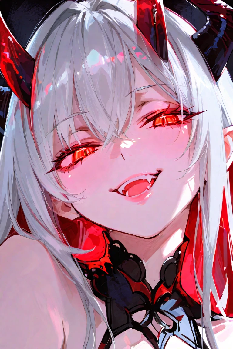 ((Nsfw, Vulgar)),wet-on-wet oil painting depicting a dark angel, a semi-realistic full body portrait, blood on the angel face,, red eyes, gorgeous painting, breathtaking, semirealistic, beautiful colors, evil, beautiful red eyes, detailed textures, dark feathers, blood, white hair, evil grin, evil smile