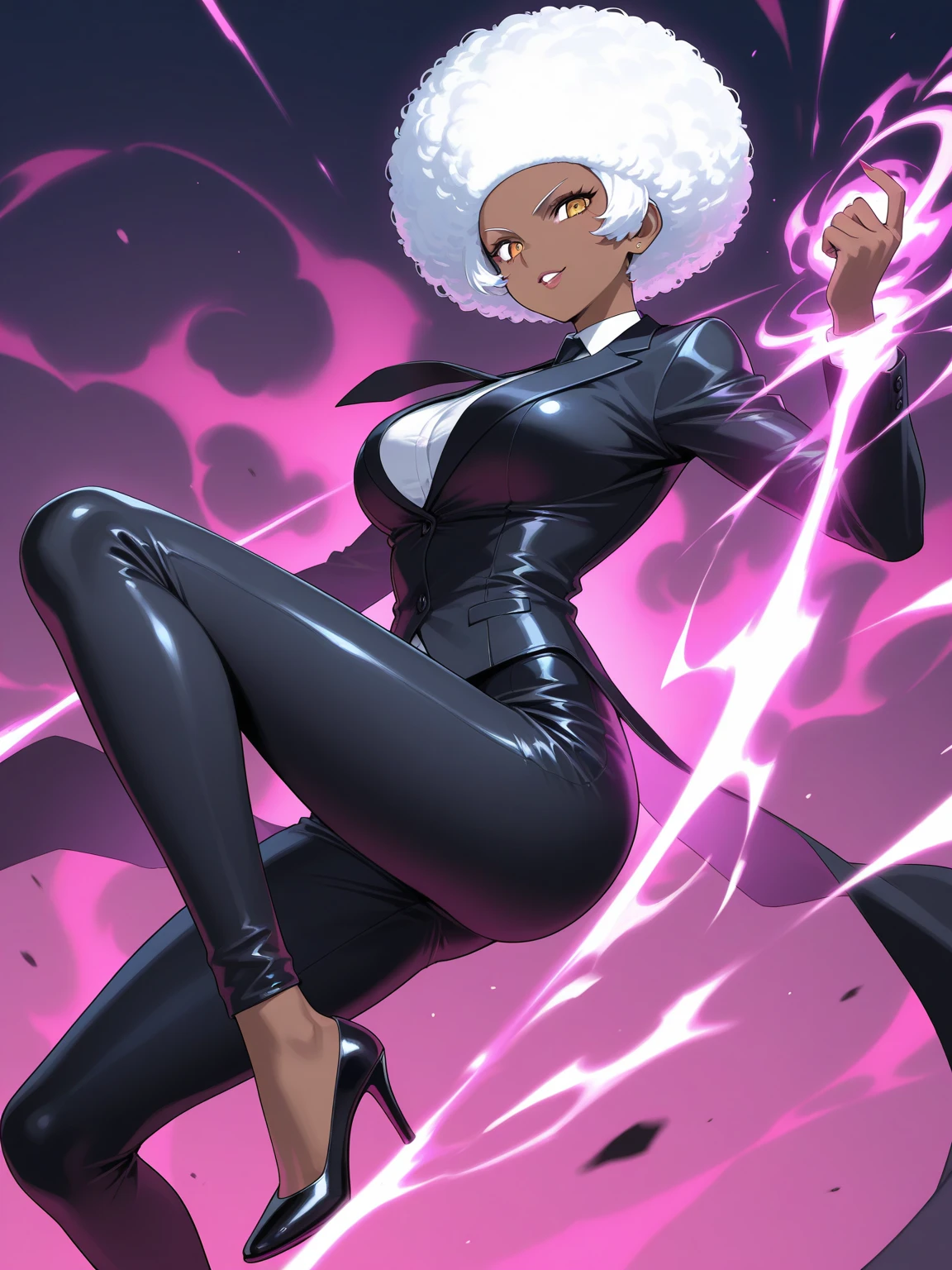 1 woman, tall, ((dark skinned woman, hair over the one eye)), white hair, pink hair, colorful hair, medium hair, messy hair, dark eye, (small glasses), white big shirt, (pants), black tie, beautiful eye, cleavage, earring like a circle, Subdued lighting, dynamic pose, perfect hand, full body,