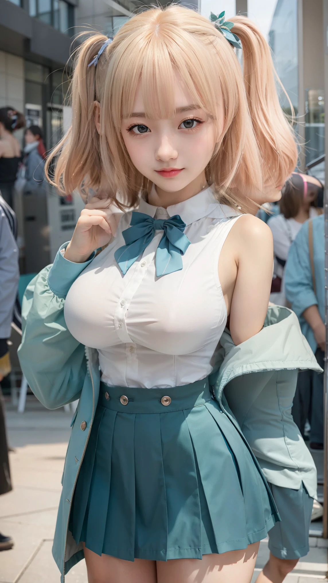 masterpiece, (photorealistic:1.4), best quality, beautiful lighting, MitsuruDS, solo, demon_slayer_uniform, smile, long_sleeves, looking_at_viewer, japanese_clothes, breasts, haori, cleavage, closed_mouth, jacket, large_breasts, open_clothes, skirt, belt, black_skirt, pleated_skirt, thighhighs, green_thighhighs, zettai_ryouiki, RAW photo, 8k uhd, film grain,
