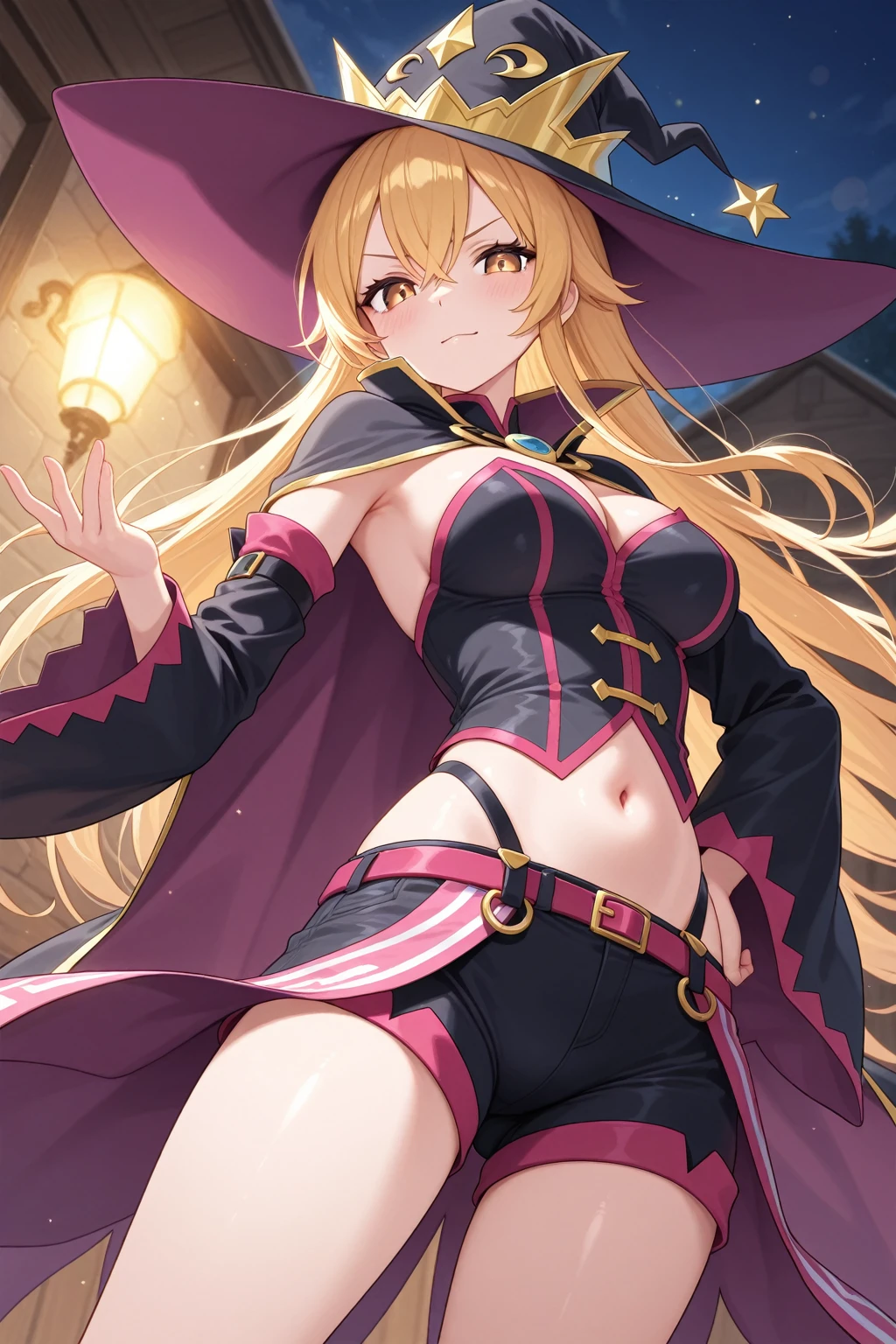 (MASTERPIECE), (Best Quality), (Ultra Detail), (Best Anatomy), Official Art, One Girl, Loli with Light Hair, Petite Little Girl, Magical Girl, See-Through Witch Costume, Small Breasts, Cleavage, Off Shoulder, Underboob, Side Boob, Thigh Focus, Navel, Low Angle, Hands Behind Body, Chest Stretched, Card Illustration, Deep forest springs