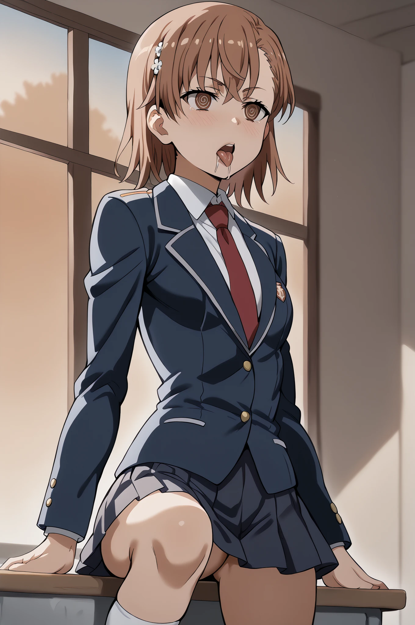 highest quality, High resolution, masterpiece, Symmetrical eyes, Beautiful eyes, Detailed face, Light green eyes, One woman, 40Attractive woman in her teens, aika, 1st Default, 1st Closing, View Viewer, Super detailed, Cowboy Shot, Outdoor, Folded ponytail, short hair, Long sleeve, Red jacket, whiteのシャツ, Earrings, Ascot, brooch, Red jacket, (Red pencil skirt:1.5), (smile), (blush), Light pink_lips, Larger breasts, (Lift up the skirt:1.5), (スカート that rolls up:1.5), (Wide pelvis:1.5), (Thick thighs:1.5), (Large lower body), (Panties丸見え:1.5), (white_race_Panties:1.5), (Buttocks up from below:1.5), (photorealistic:1.1)