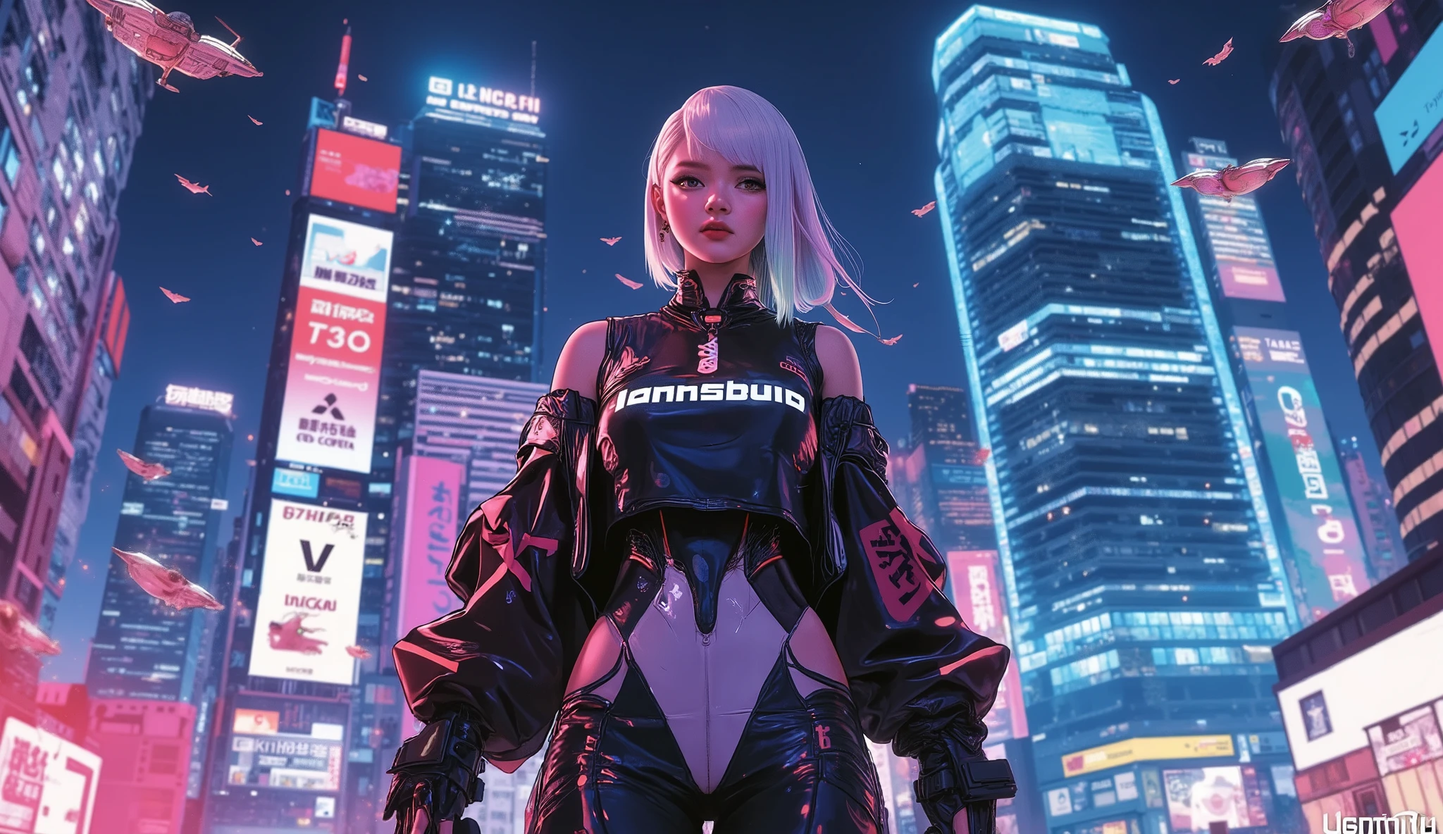 ((Manga artwork cowboy shot) von (perfect Asian cyberpunk girl, wearing detailed Harajuku clothing with company logos)), (((dynamische Pose))), ((LED-Leuchten)), ((Manga-Zeichnung)), ((kinematic lighting)), ((Chiaroscuro)), warme Farben, perfect features , abstract beauty , nahezu perfekt, Reine Form, Konzeptkunst, intricate detail, 8k-Postproduktion, high resolution, super detail, trending on artstation, scharfer Fokus, Studiofotos, ((background with futuristic skyscrapers and flying cars like in Blade Runner)), ((cyberpunk city at night)), ((Neon lights and holograms in the sky))