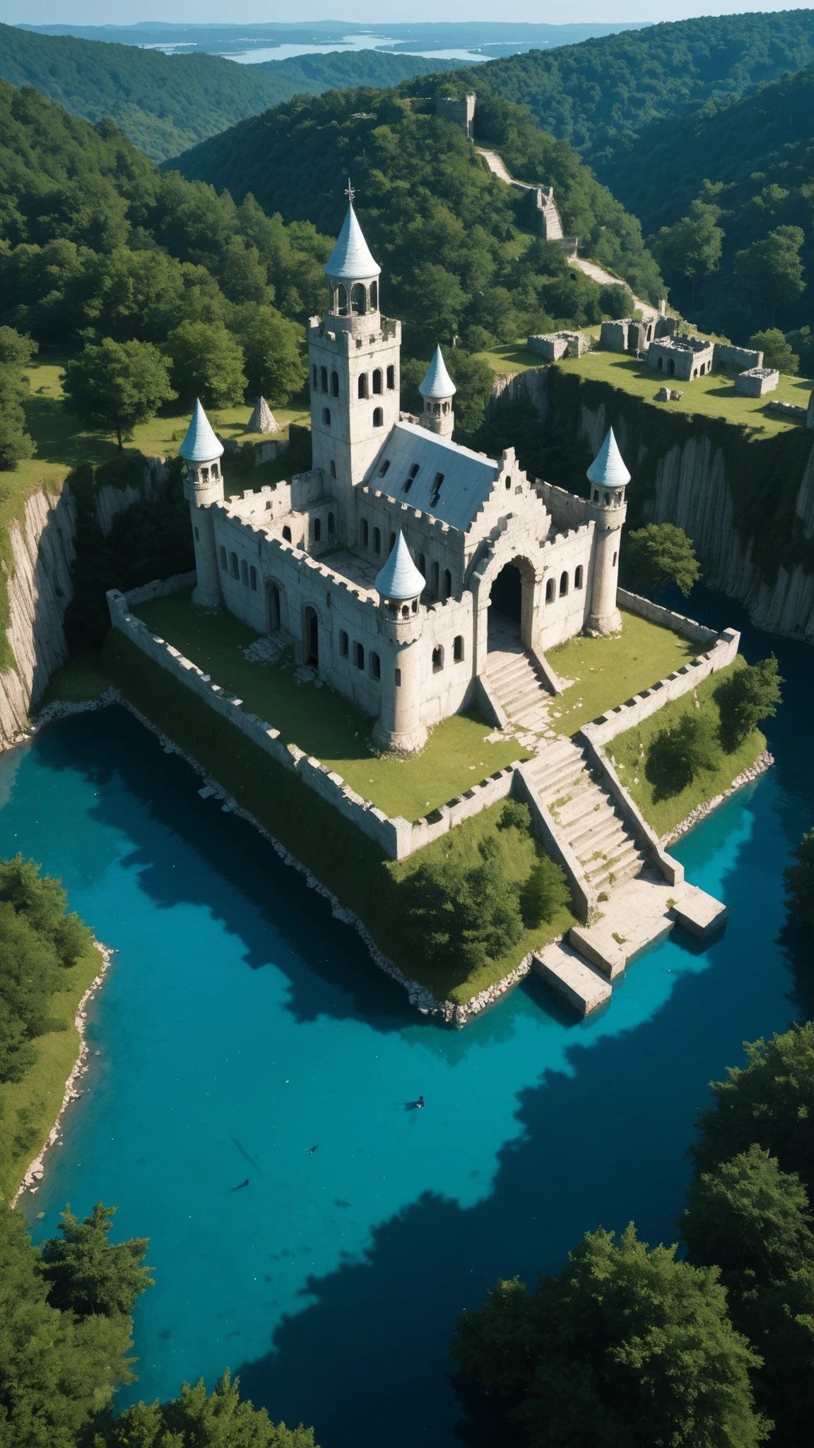 High Definition Images、I'm in the Dover Strait water{x}（Clear Blue Clear Glass Castle ruins）Masterpiece、2 Aegis ships at sea 、 Remains of an ancient glass castle that followed the city 、 Outdoors、Blue sky passes through 、 ruins of an English glass castle 、 from above the ruins of an English glass castle 、 Scenery、nature、 high resolution,Scenery I saw from the colorful Dover Strait、photorealism 、 Very Detailed Clear Glass Castle Ruins。