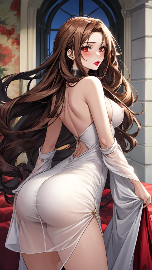 Masterpiece, best quality, 1girl, mature woman, long brown hair, beauty brown eyes, (night at bedrooms), beauty wavy hair, (( topless, wedding dress )), big saggy tits, (see through, stiff nipples), seductive smile, blushing, fullbody, person of view, (butt view), back view, chokers, earrings, volumetric lighting, warm lighting