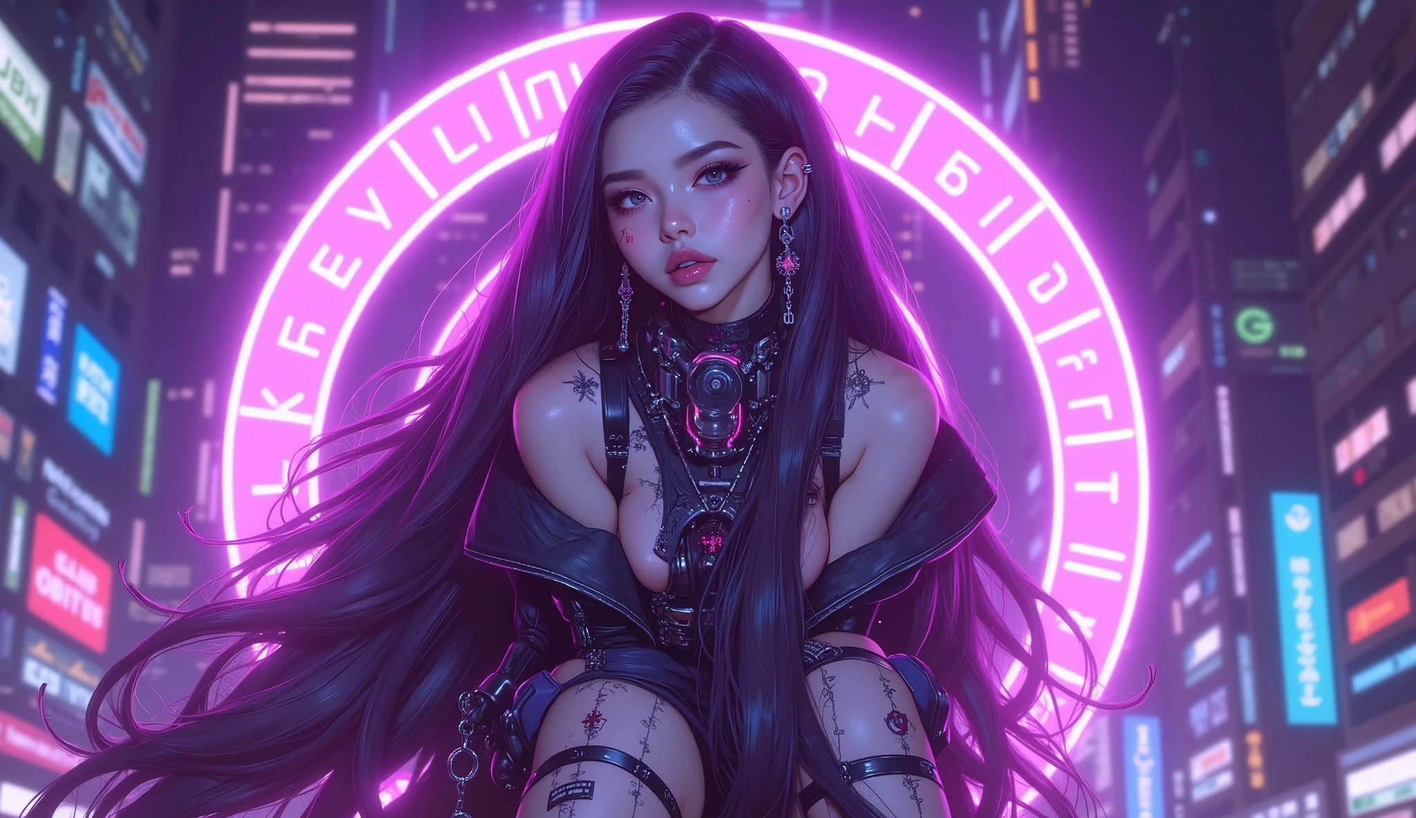 Create a vibrant, neon-lit portrait of a young woman with long, flowing hair that blends from dark to light shades of pink and purple. She has a fringe and piercing, captivating eyes with a (glowing red eye). The woman has small, sharp black horns on head, giving her a slightly demonic yet alluring appearance. She has intricate tattoos on her arms that add to her mysterious charm. The background is filled with a soft pink and purple neon glow, creating a futuristic and ethereal atmosphere. The woman is resting her chin on her hand, looking directly at the viewer with a slightly pensive and seductive expression. The overall aesthetic is a blend of cyberpunk and fantasy, with strong contrasts and vibrant colors, (oil everywhere), (oil on body).