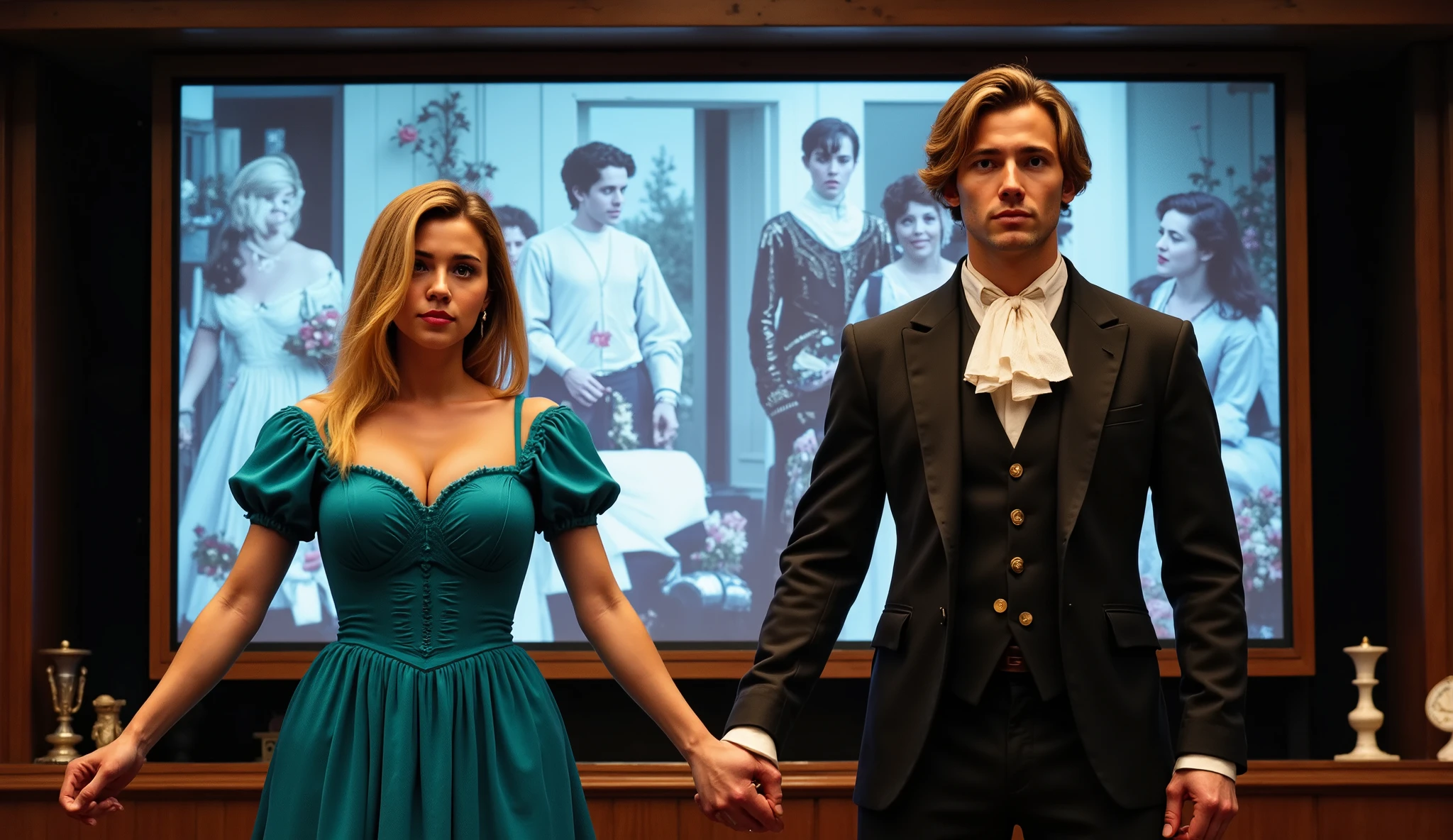 Eleanor, a beautiful and sensual woman (a very beautiful woman, with long brown hair, blue eyes, and a gorgeous, lush turquoise dress, a 19th-century gown), and Arthur, a handsome young man with four days' worth of stubble, dressed in elegant 19th-century ball gown, stand in the center of the room.
The screen is filled with images of beautiful moments from the past, which fade into dark tones as time passes. A detailed setting.