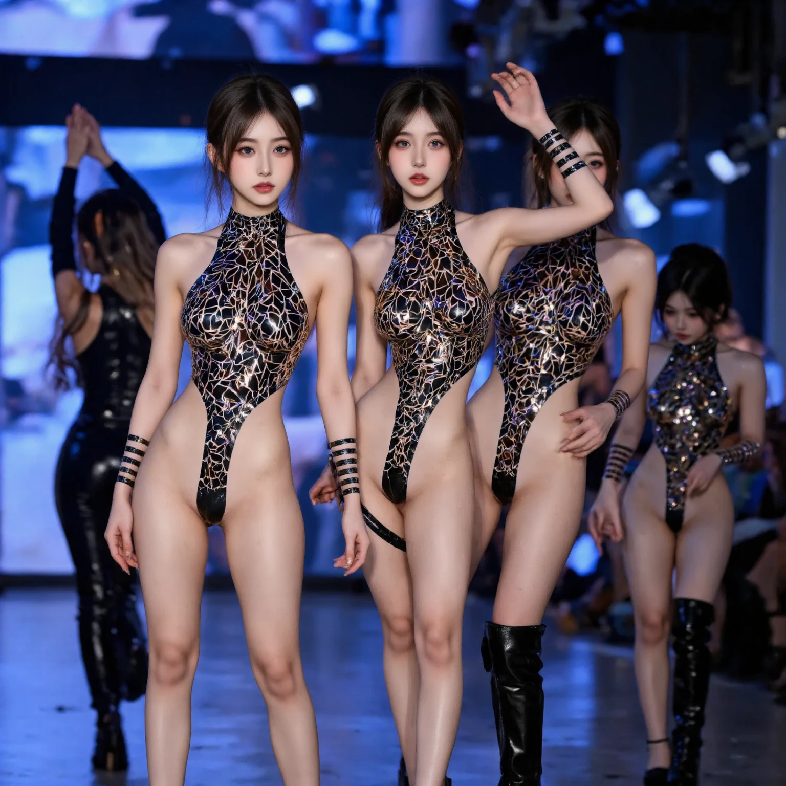 4 female heroines、glamorous slender woman、Super Sentai body suit、wear silver strands、standing in the desert、