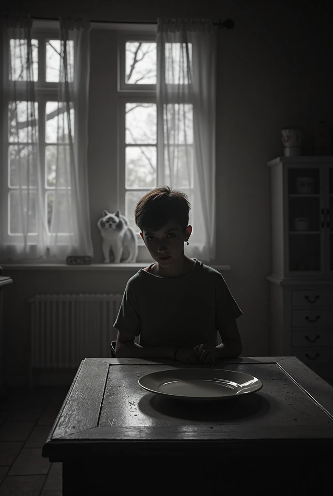 Crea una imagen inquietante que capture la esencia de la historia "Tobi: El Perro Imaginario". En la imagen, shows a 9 year old boy, Kique, de pie en la entrada de una casa suburbana, staring with a disturbing smile at a dark, menacing shadow looming over an empty plate. En el fondo, una madre aterrorizada observa desde una ventana, with eyes wide open and hands covering his mouth. Make sure the shadow is shaped to suggest a ghoulish giant dog, pero de una manera sutil y aterradora, con ojos rojos brillantes que destaquen en la oscuridad. The atmosphere should be nocturnal and gloomy, with soft lights that add to the suspense and mystery of the scene.